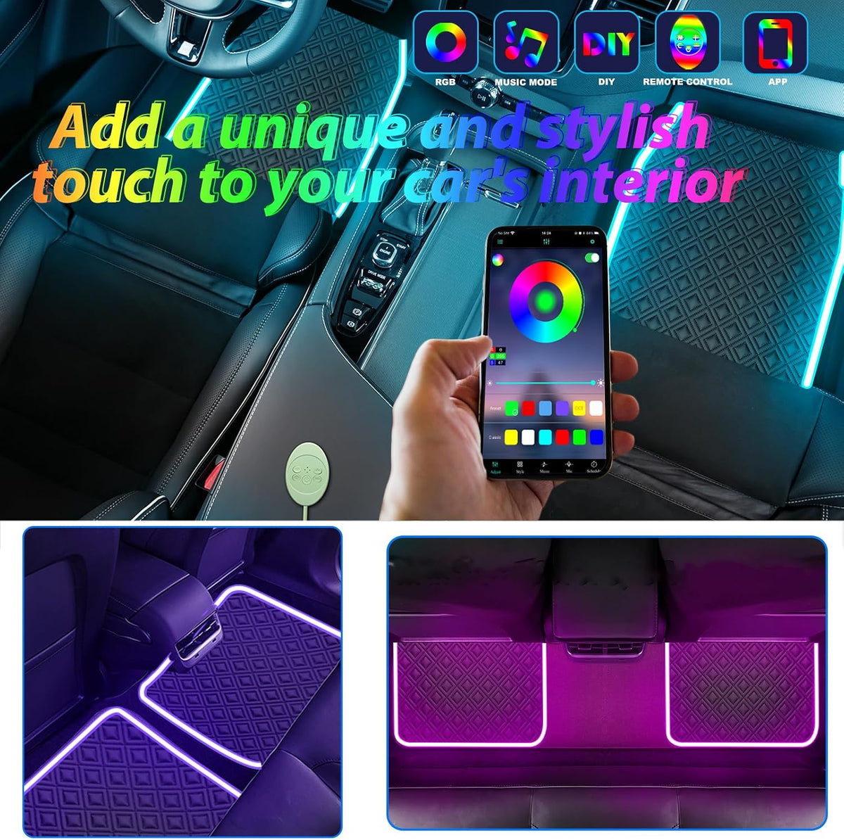 Car Floor Mats with Led Strip Light, Premium Universal Fit Black Automotive Carpet, Interior Car Lights Floor Mats,App Control Faux Leather Anti-Slip Waterproof Neon Car Decor Accessories for SUV Etc.