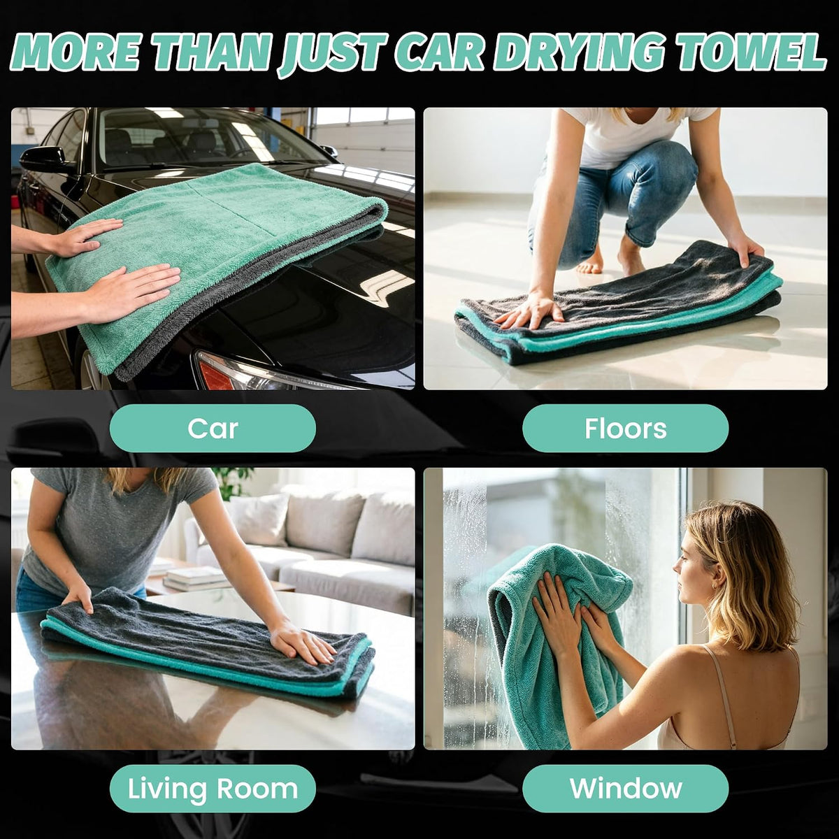 Dual Sided Microfiber Towels (48"x 24") Extra Large Ultra Absorbent Drying Towel for Cars ,Trucks; Without Streaks, Scratches, or Water Spots Double-Twist Pile & Edgeless Design (Aqua blue-Gray)