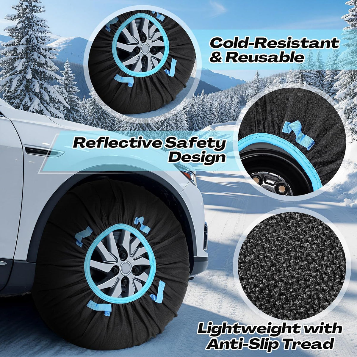 Canchiing 2 Pack Automotive Snow Socks for Tire, Traction Aid Anti Slip Tire Covers Chain with Ice Scraper Gloves, Universal Emergency Winter Kit for Cars Suvs Trucks Quick Fit Easy Installation (XL)