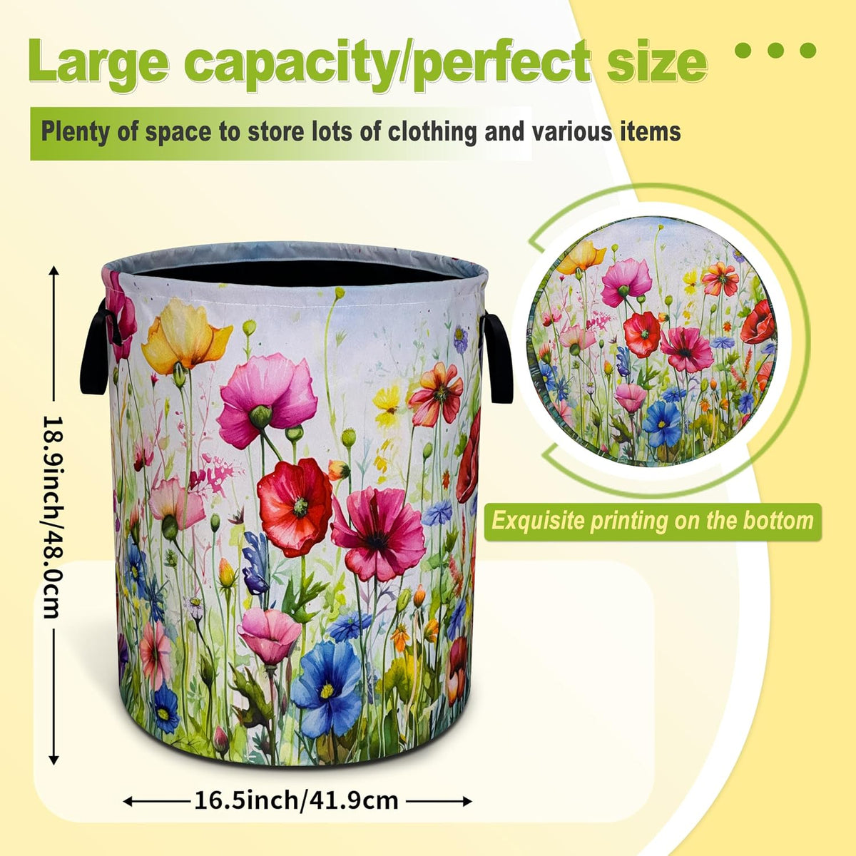 Colorful Flowers Print Laundry Basket Foldable Waterproof 18.9 x 16.5 Inch