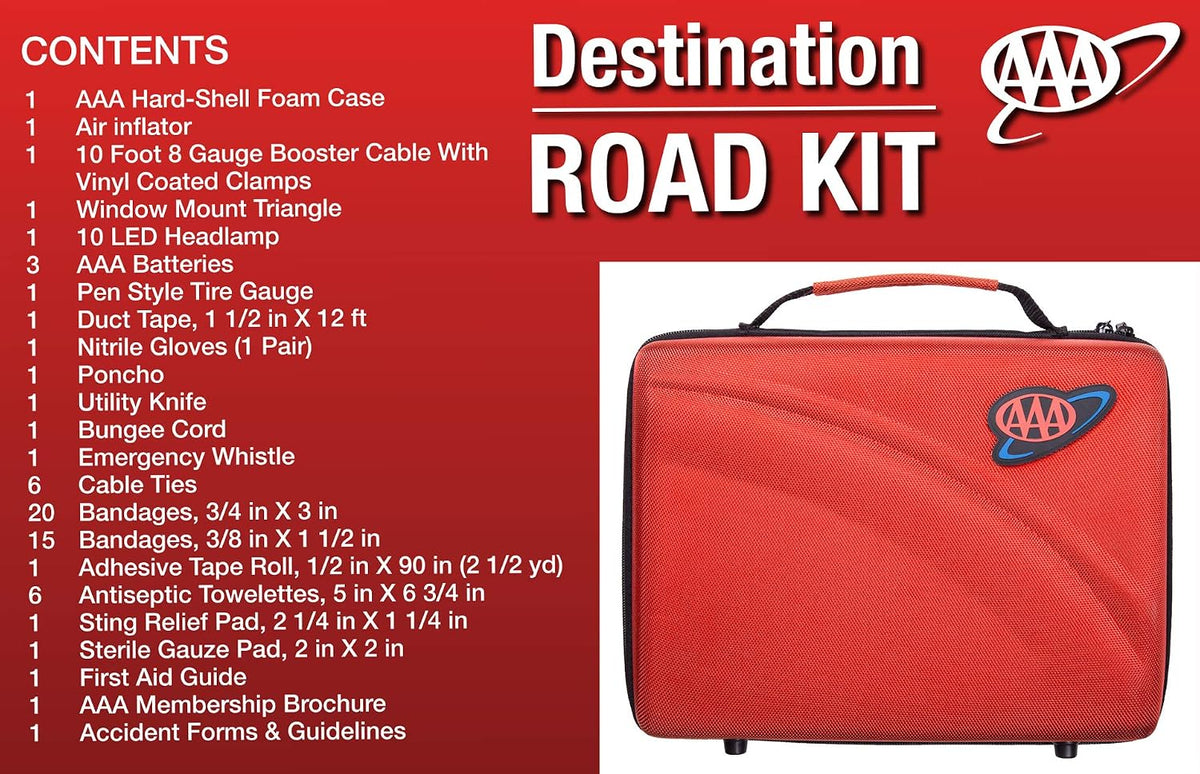 Lifeline AAA 4365AAA Destination Road, 68 Piece Emergency Car Tire Inflator, Jumper Cables, Headlamp, Warning Triangle and First Aid Kit
