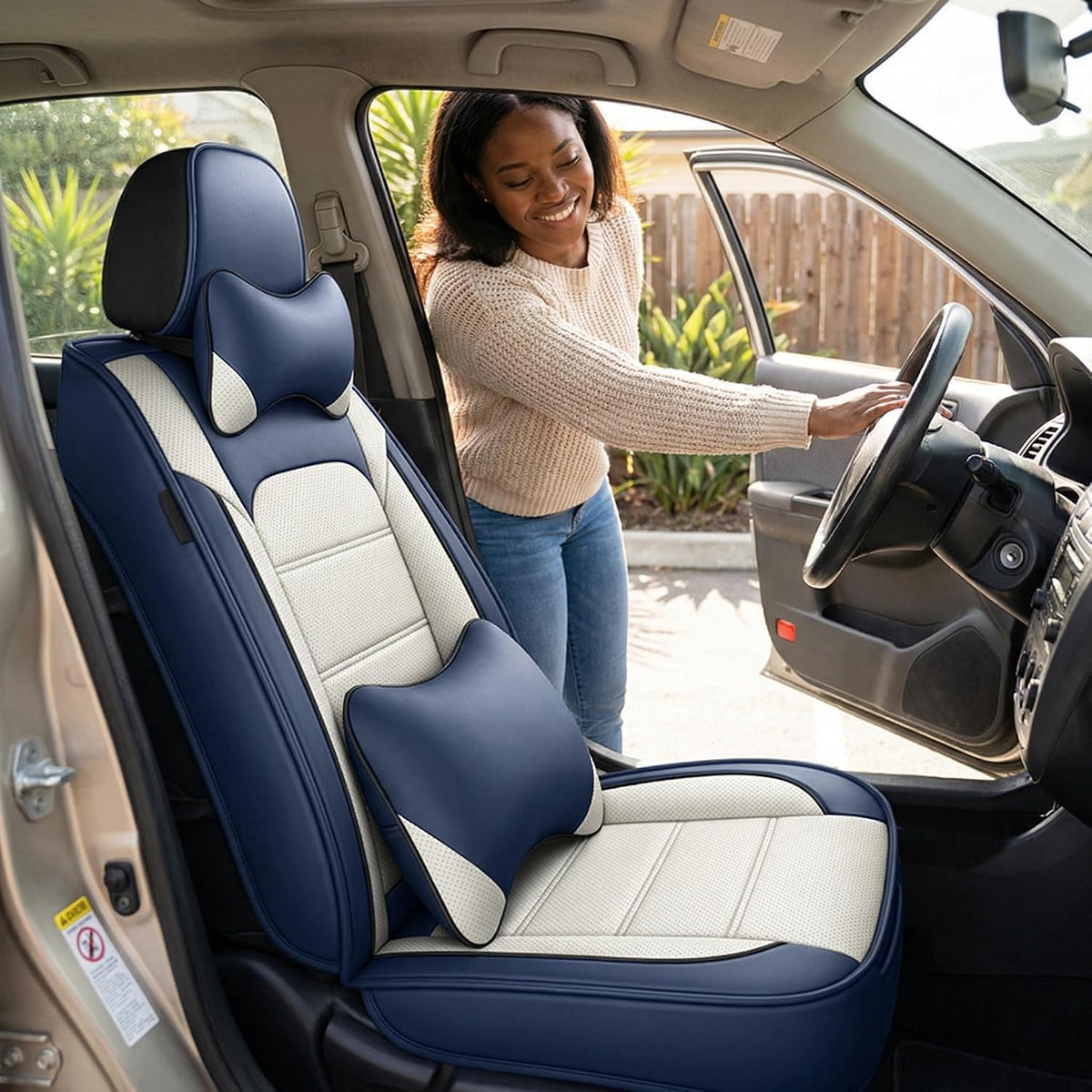 YQ FU Leather Seat Covers Blue White Full Set w/ 2 Pillows Universal 2 Row
