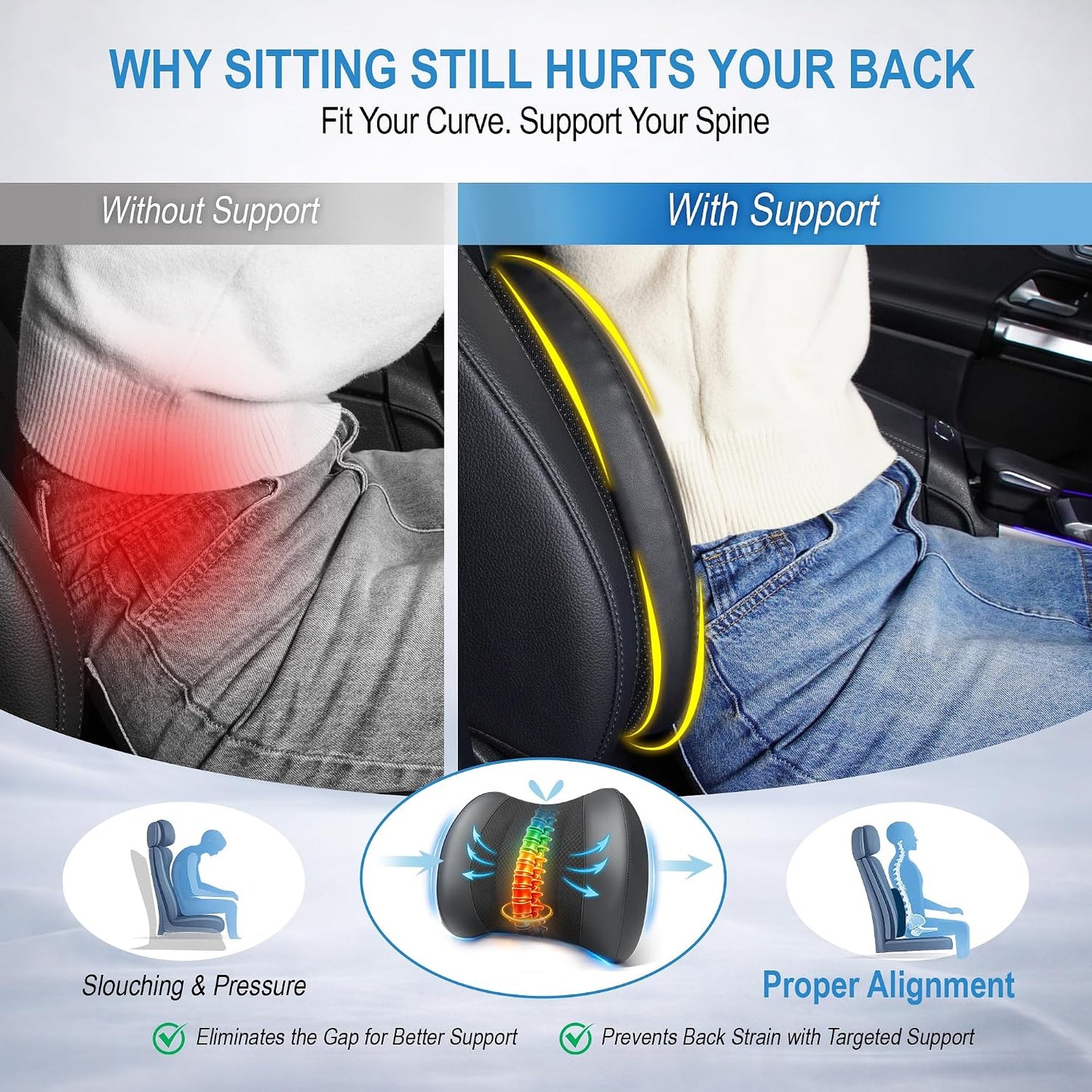 Lofty Aim Lumbar Support Pillow for Car, Car Seat Back Support for Driving | Memory Foam Car Lumbar Support for Driving Seat, Car Back Cushion, Adjustable Straps, Lower Back Pillow, Office Chairs, Black