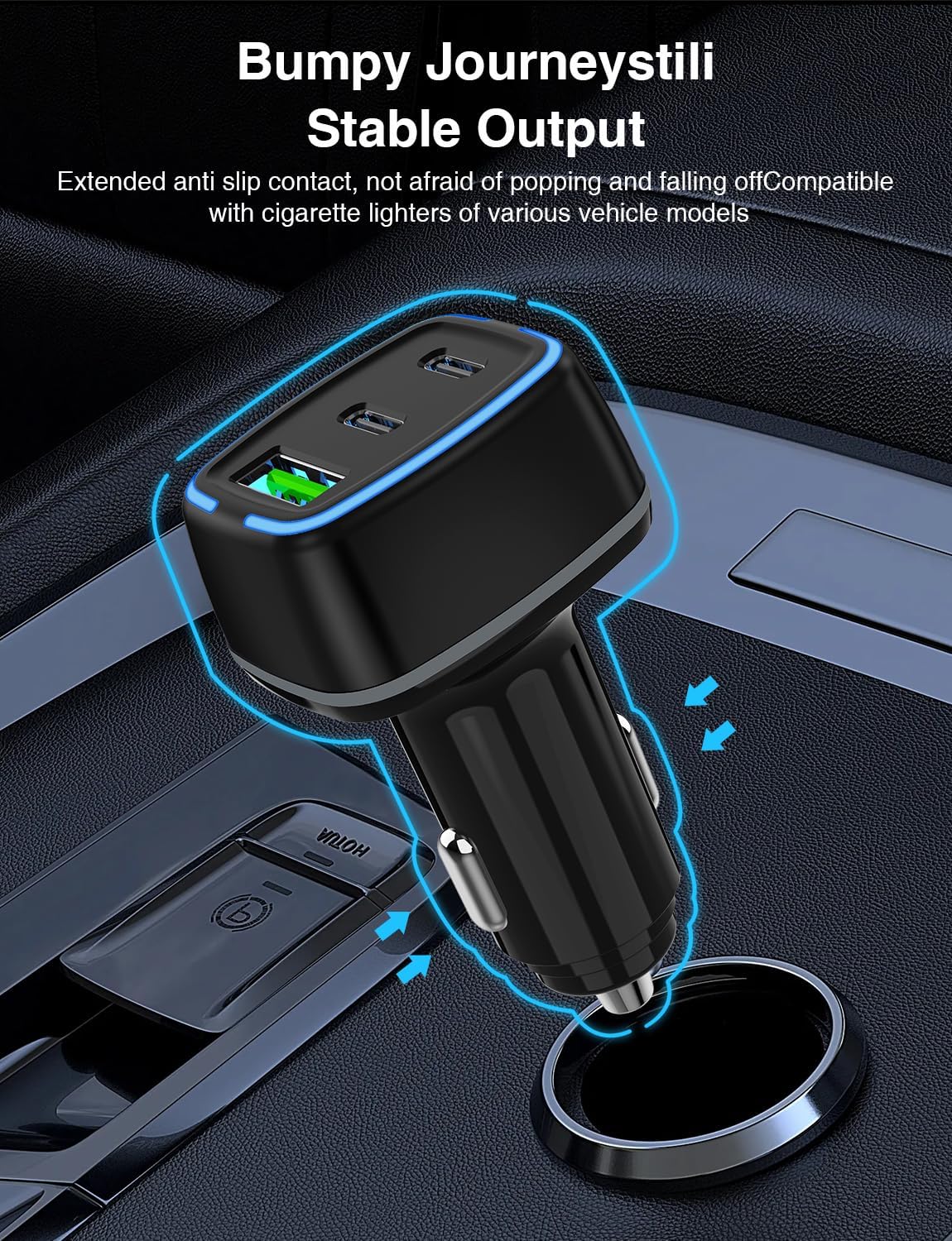 75W USB C Car Charger, 3-Port Super Fast Charging Cigarette Lighte