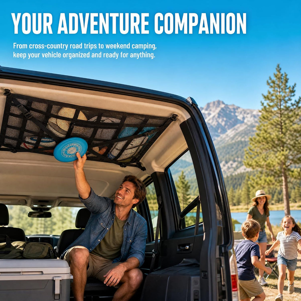 Car Ceiling Cargo Net, 31.5×20.87" Double-Layer Car Overhead Storage Mesh Organizer, Adjustable Auto Roof Storage Organizer, Camping Overlanding Gear Must Haves Cargo Net