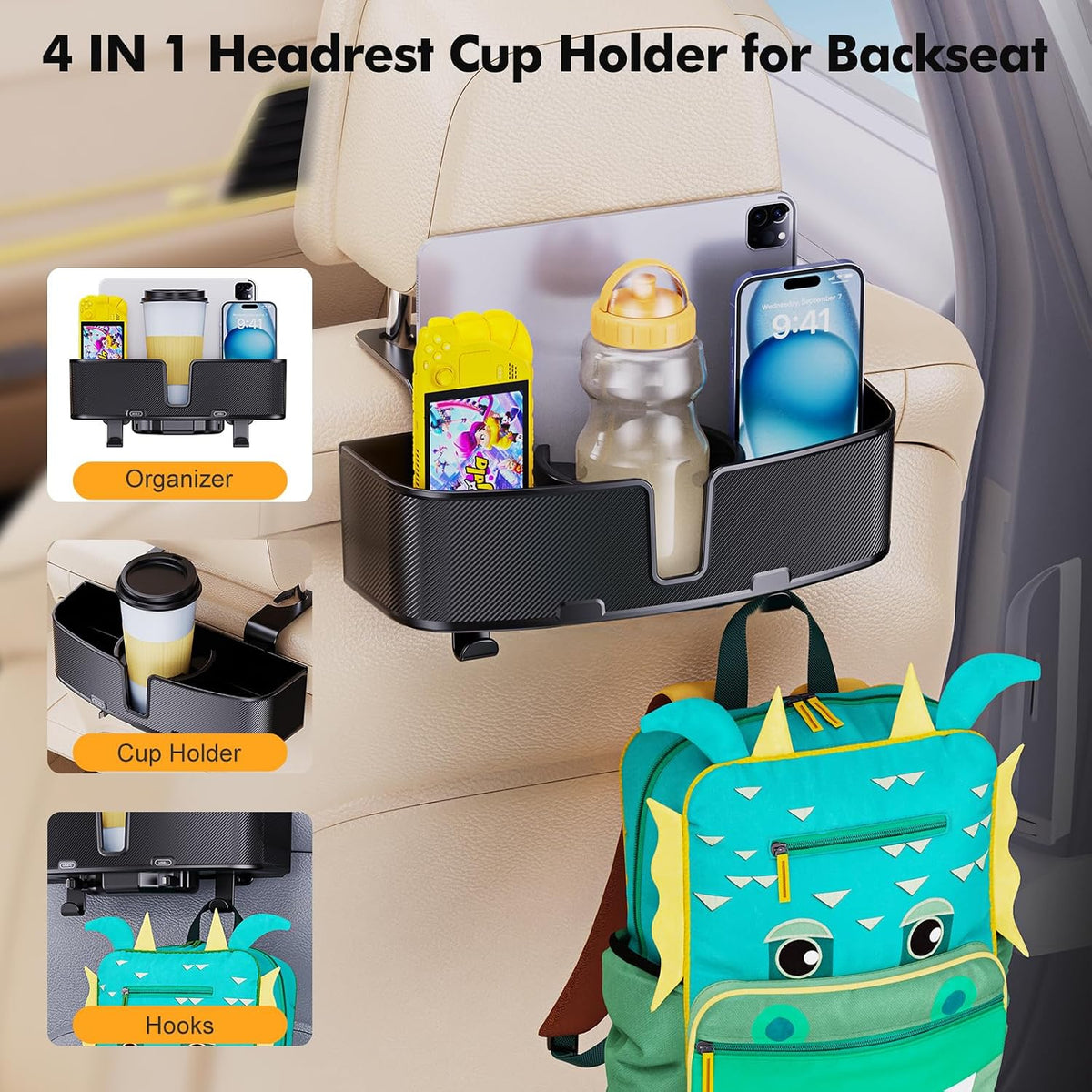 MAGJIEYX Car Headrest Cup Holder for Back Seat Organizer for Multi-Hanging Snack Storage Box with Strong Hooks for Kids and Uber Backseat Passengers Share Rid for Travel Accessories