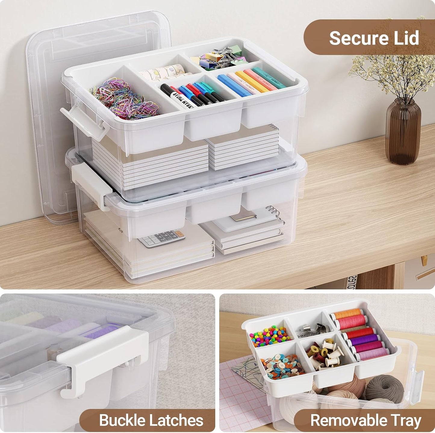 40Qt Stackable Storage Bins with Lids & Trays, Clear Plastic Latching Boxes Organizers with Dividers Portable 10Gal Containers for Arts & Crafts, Home and Car Trunk Organization, 2Pack