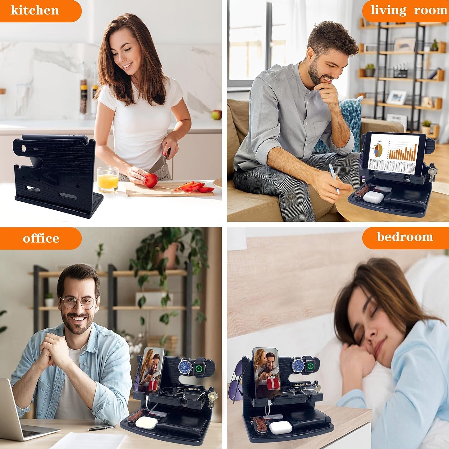 VEIYAILU Gifts for Men Dad Women Husband Boyfriend Him Nightstand Organizer for Men Wood Phone Docking Station Birthday Gifts (Black)