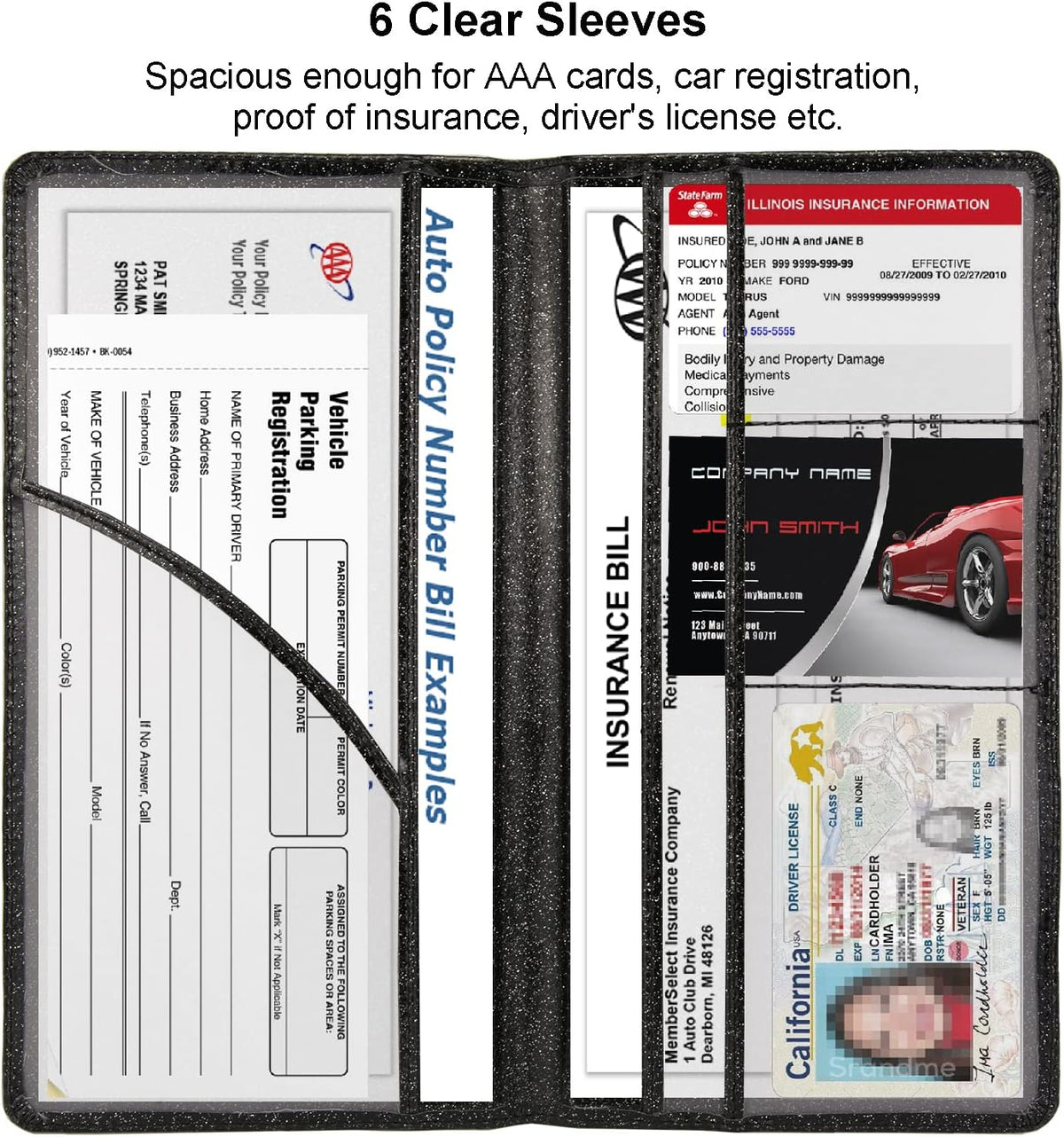 Leather Car Registration and Insurance Holder Magnetic Shut, Glitter Black