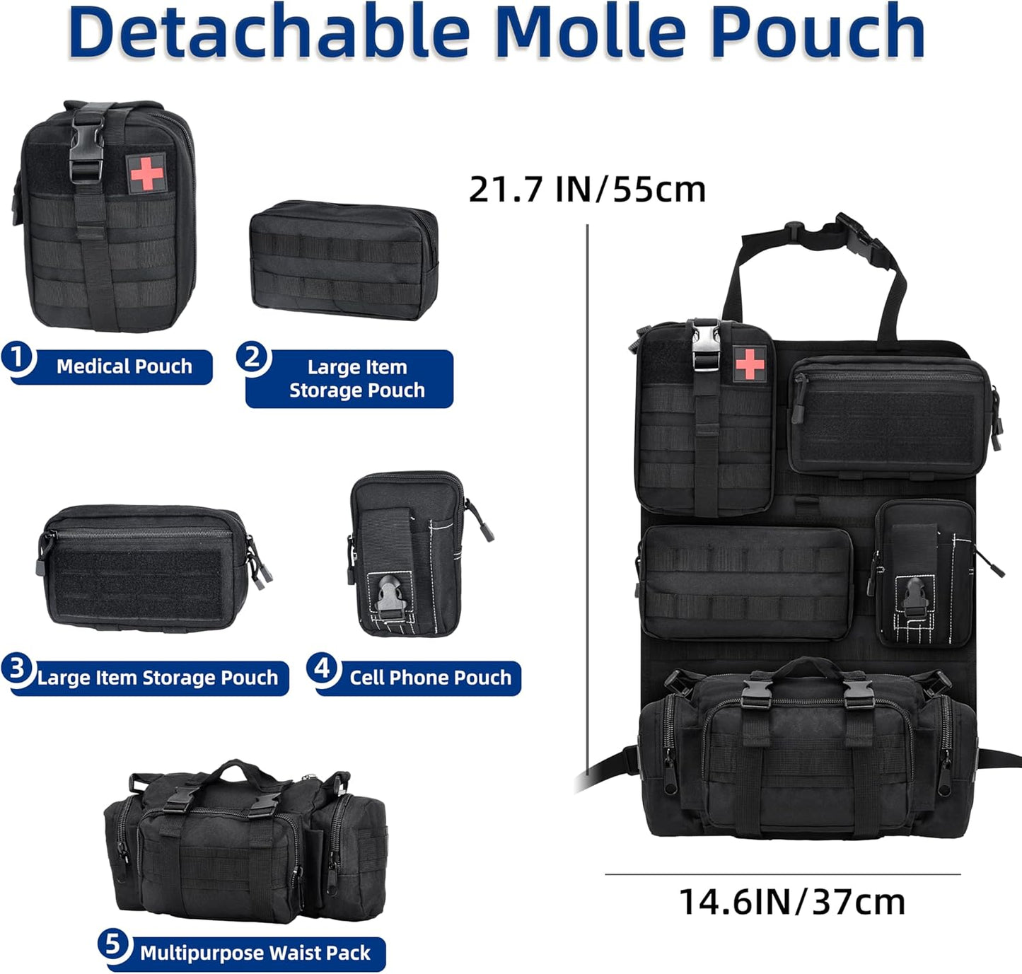 6 Pack Tactical Car Seat Back Organizer,Backseat Organizer with 5 Detachable Molle Pouches,Molle Panel Organizer Fits for Vehicel Such as Jeep,Truck,SUV, Car(Black)