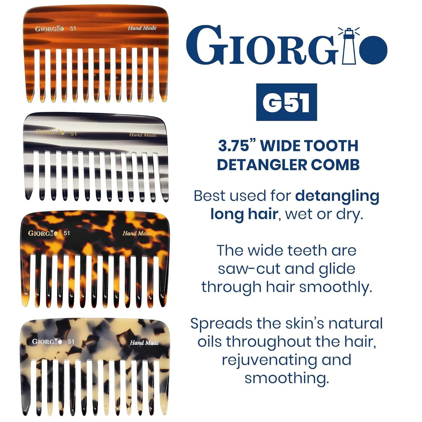 Giorgio G51 Wide Tooth Detangling Combs for Women, Wide Teeth Pocket Comb for Thick Curly Wavy Hair. Hair Detangler Comb For Wet and Dry Everyday Care. Handmade, Saw-Cut and Hand Polished