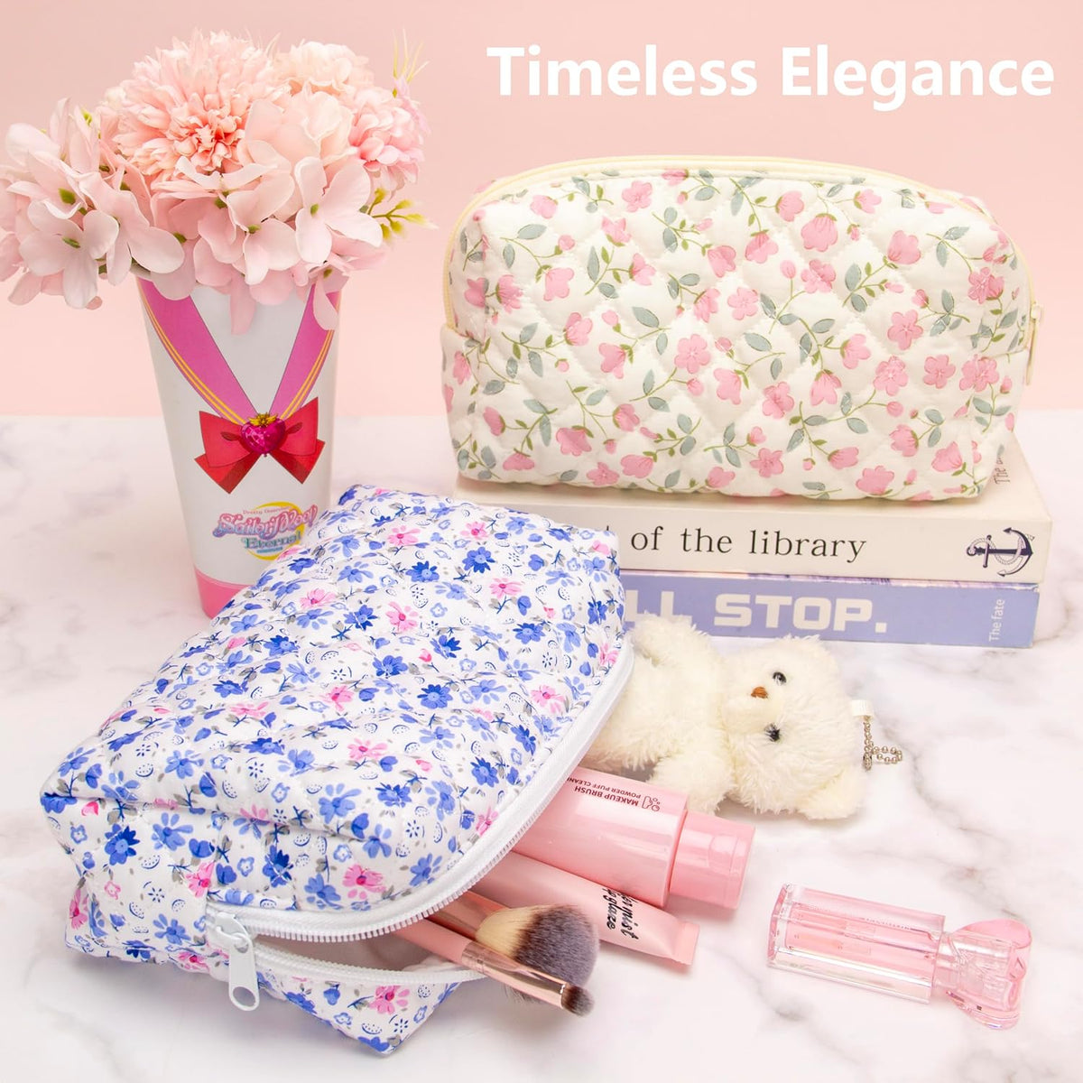 PAZIMIIK Small Quilted Makeup Bag,Zipper Cosmetic Pouch,Floral Blue,6 Pack