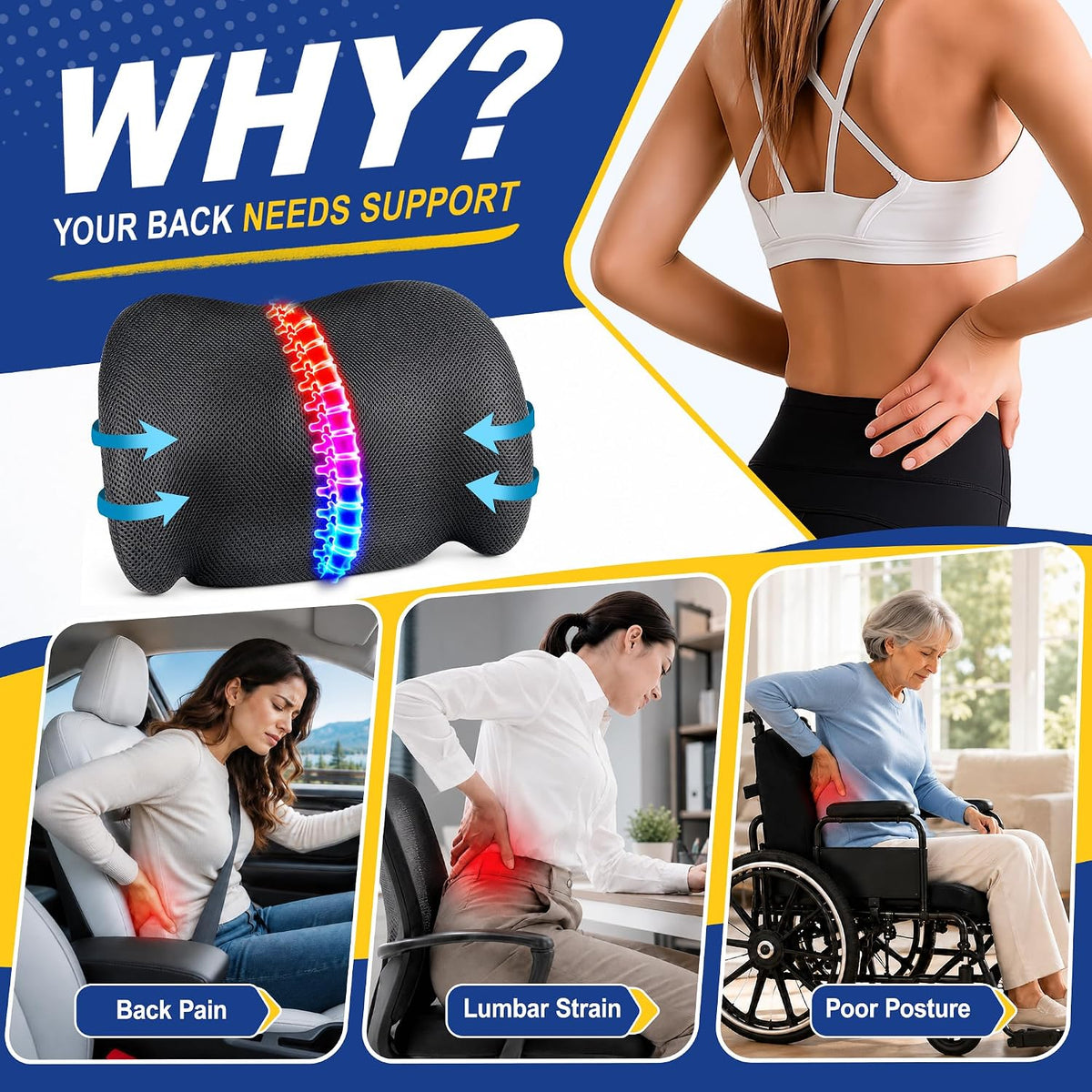 Lumbar Support Pillow for Car, Back Support Cushion for Office Chairs