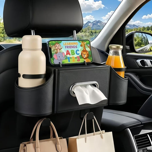 Back Seat Car Organizer, Nappa Leather Car Seat Organizer with Cup Holders and Tissue Box, Premium Hanging Storage Bag for SUV Truck Road Trip (Black)