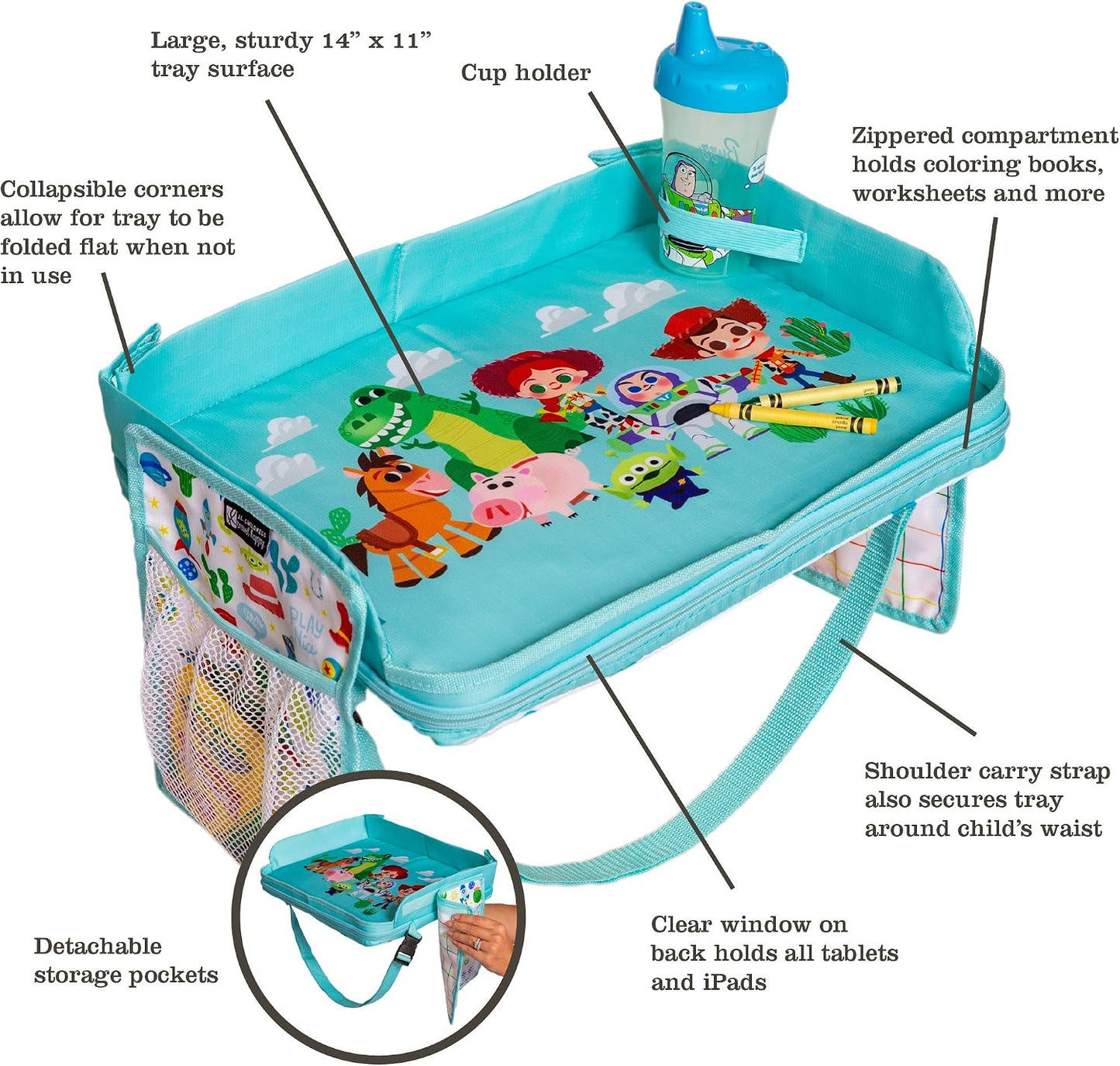 J.L. Childress Disney Baby 3-IN-1 Kids Travel Tray & Tablet Holder - Car Seat Lap Tray Desk for Toddlers, Road Trip Essentials, Car Seat Activity Table, Travel Accessories - Toy Story