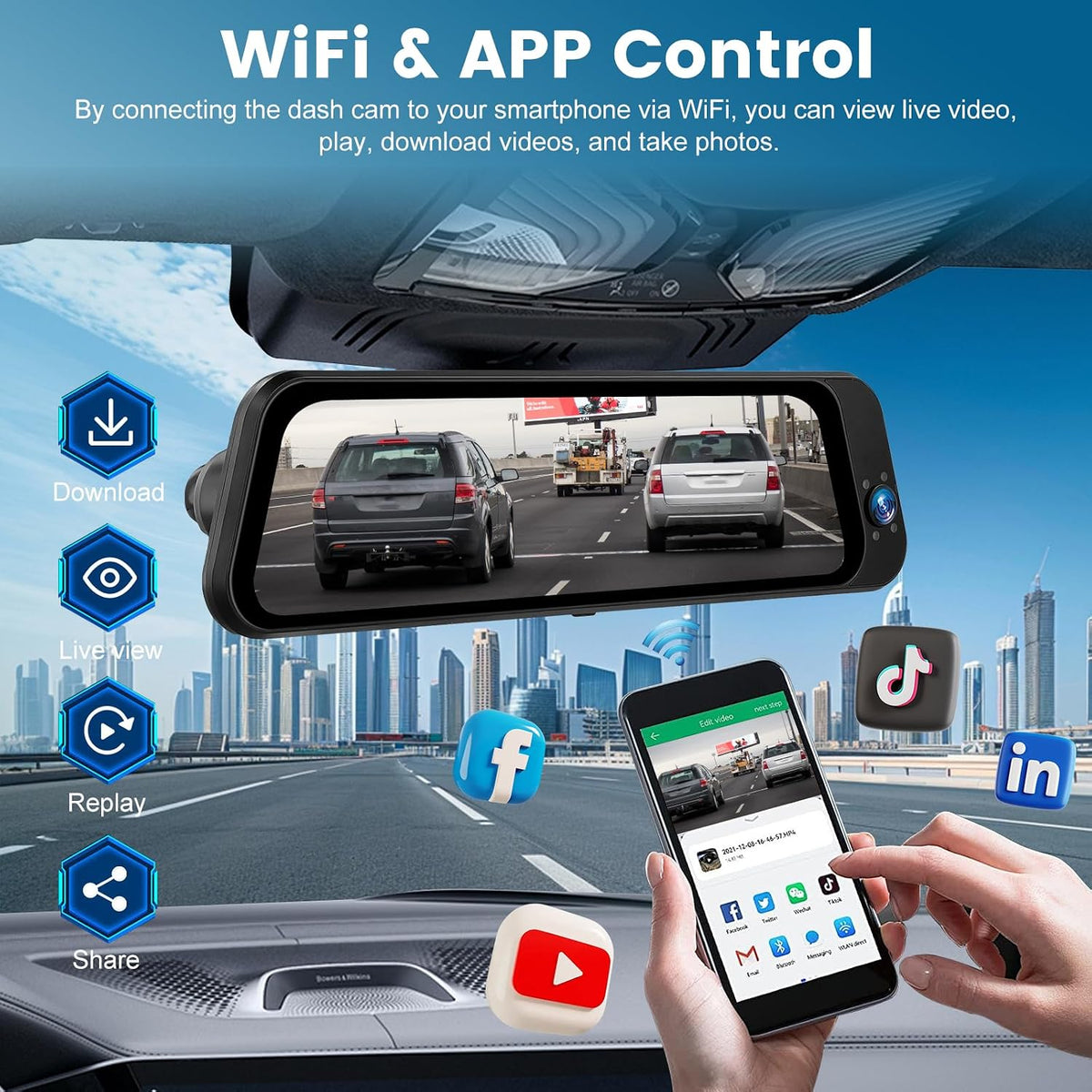 4K Mirror Dash Cam 3 Channel Front, Rear and Inside, with WiFi&APP Control
