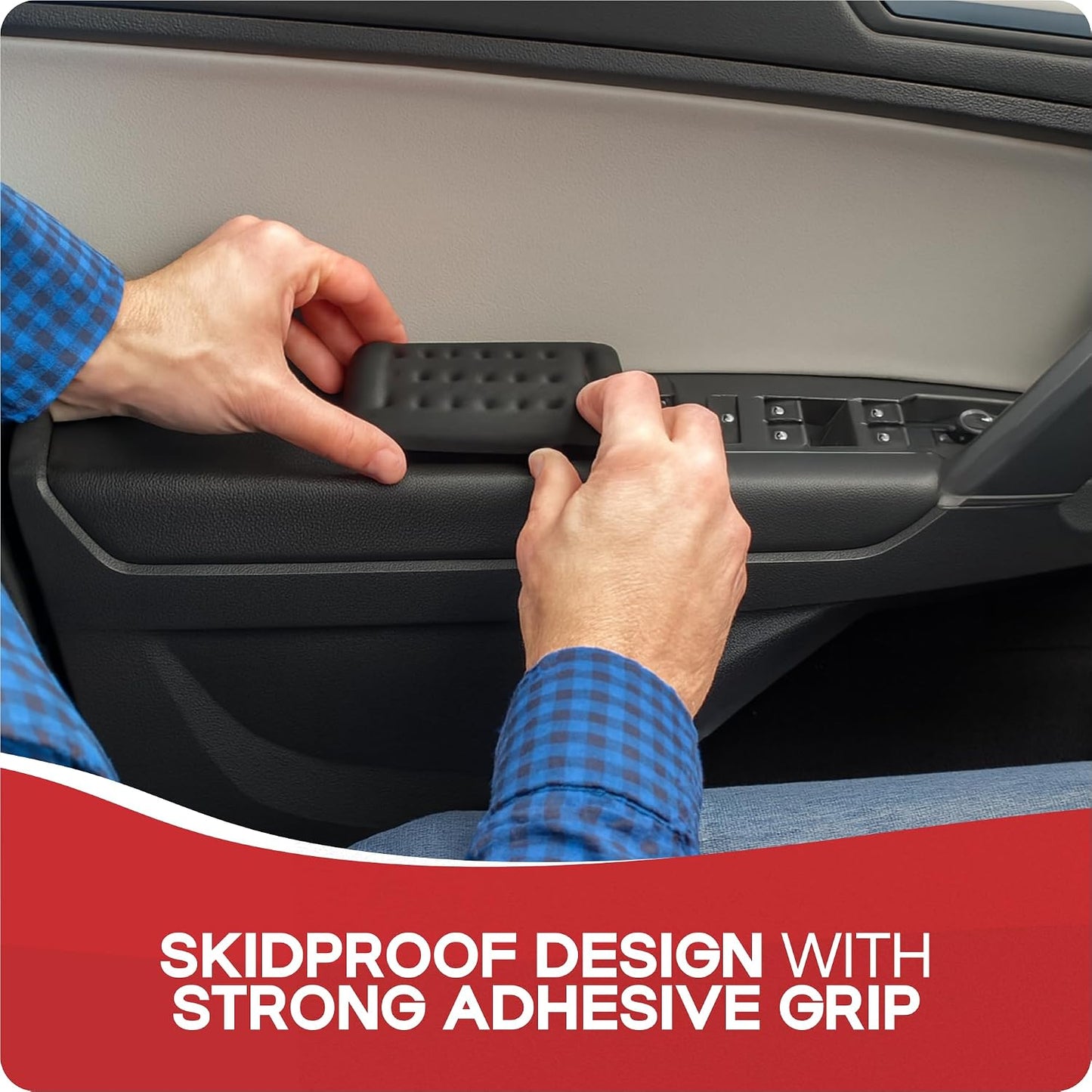 Elbow Rest Pads for Car, 2-Pack Memory Foam Armrest Cushions (5.1 x 2.6 in) for Door Armrest & Center Console, Slim Profile, High-Density Memory Foam, Non-Slip, Includes 4 Adhesive Hook & Loop Strips