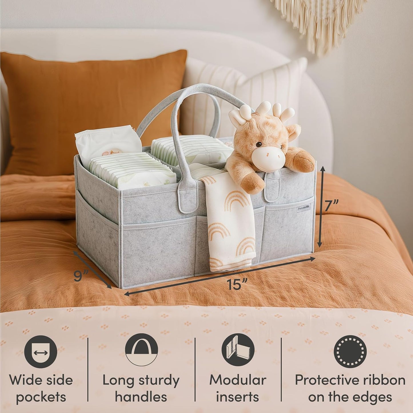 PUTSKA Baby Diaper Caddy Organizer - Nursery Storage Basket for Diaper Station, Baby Basket Shower Gift List and Registry Must-Have, Newborn Essentials, Nursery Decor for Boy or Girl - Grey, Large