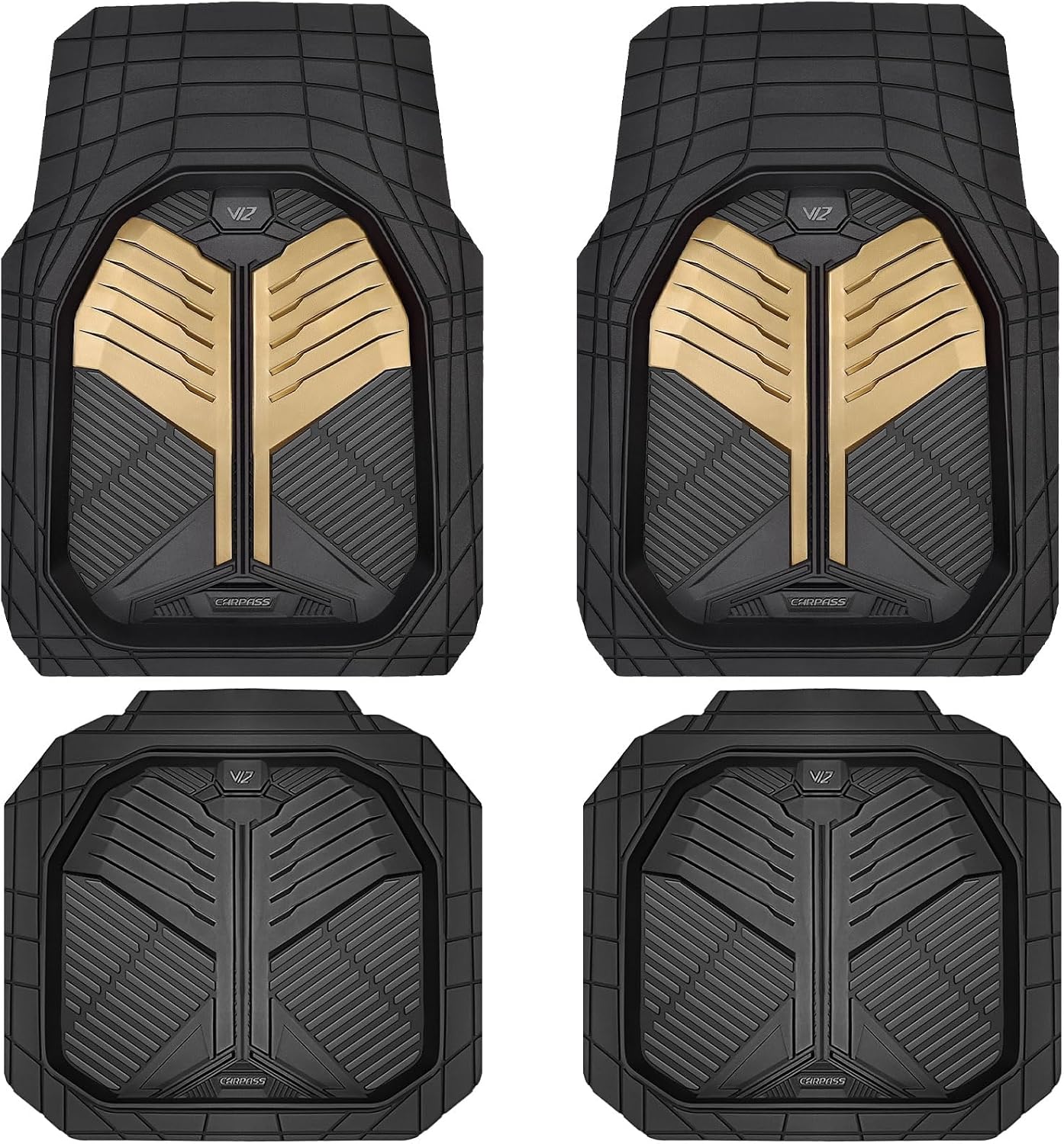 CAR PASS Heavy Duty Rubber Car Mats, Deep Dish Car Floor Mats All Weather, Car Mats Full Set 4-Piece Trim to Fit for Sedans SUVs Trucks, Waterproof Anti-Slip Automotive Mats, V12 Black Champagne Gold