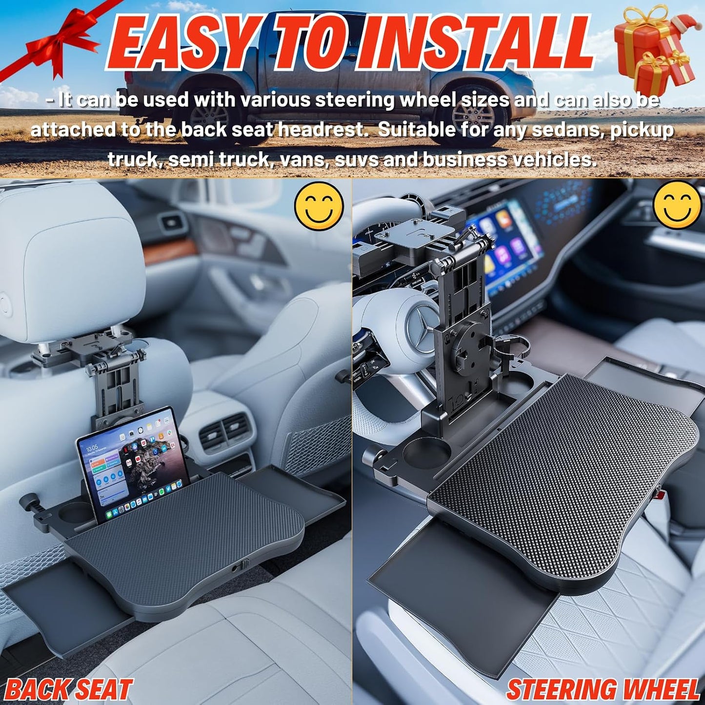 Large Foldable Backseat Tray Table, Car Laptop Desk with Cup Holder, Back Headrest Passenger Food Tray, Phone Tablet Holder, Multifunctional Travel Desk, Car Essentials for Kids & Long Road Trips
