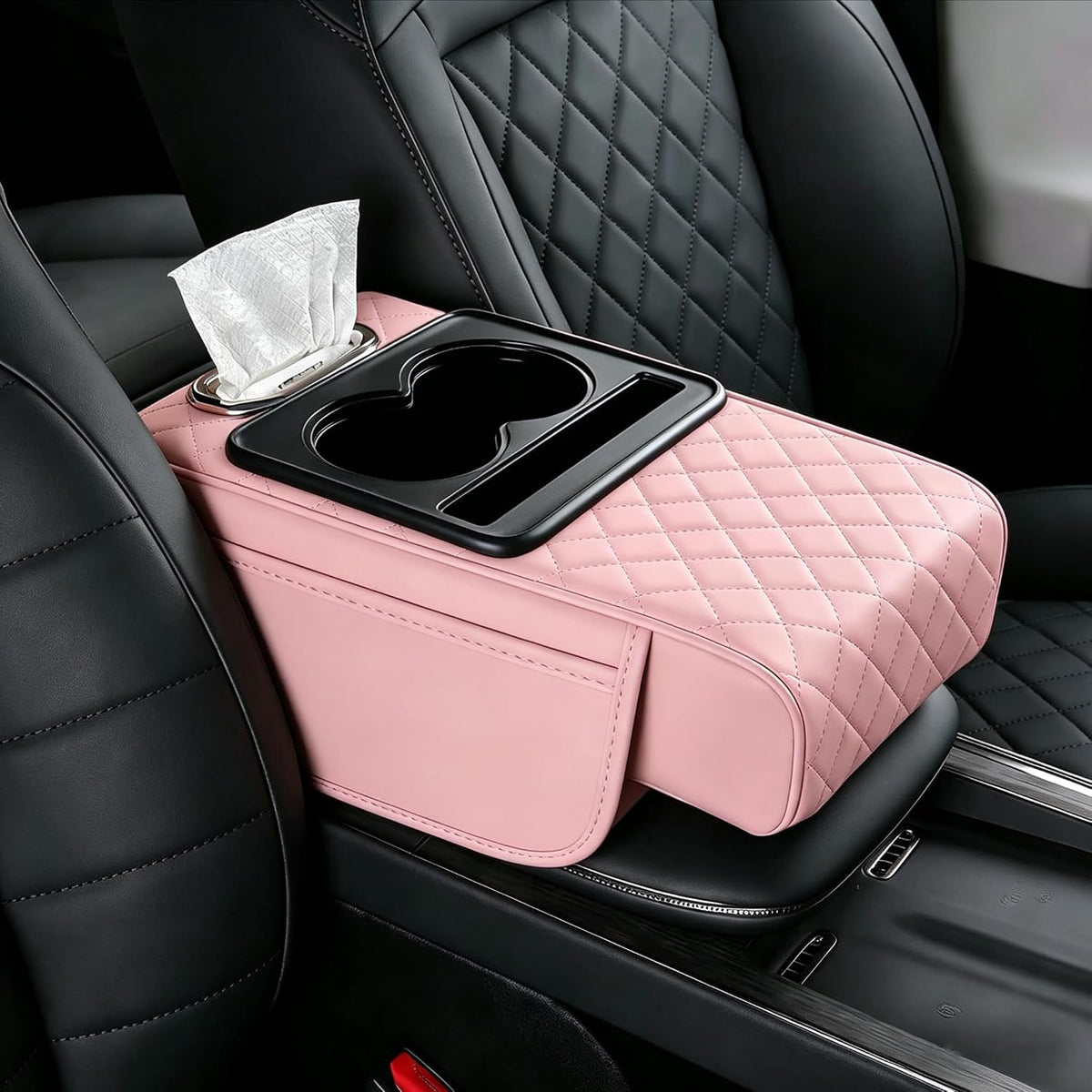 Leather Car Armrest Cover, 5-in-1 Console Cushion with Storage & Cup Holder