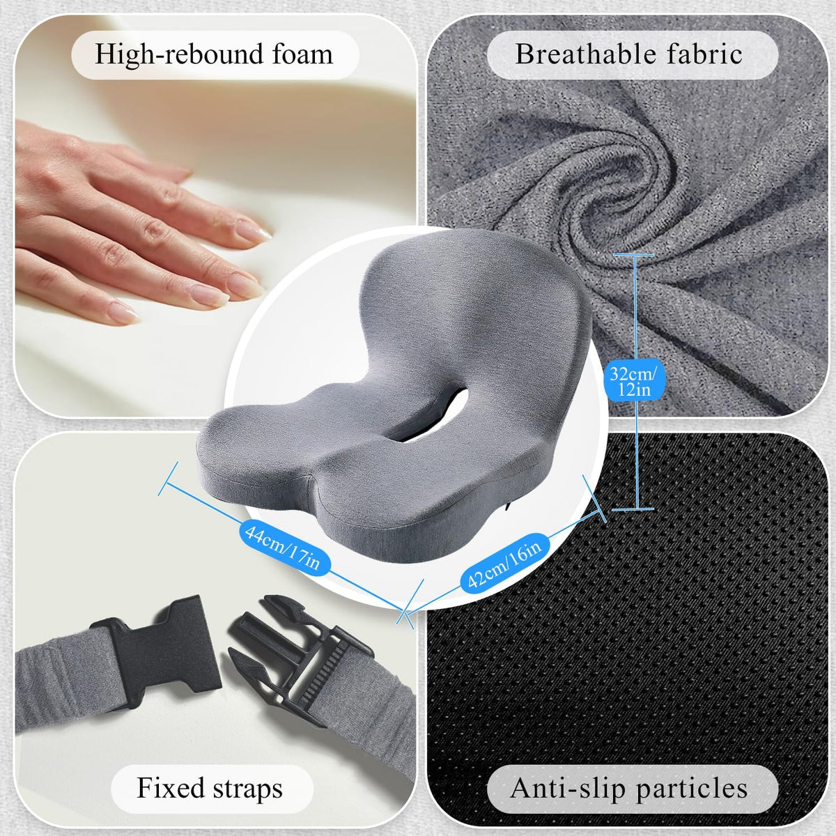 Car Seat Cushion, Memory Foam Driving Cushion with Adjustable Strap, Ergonomic Pad for Car & Semi Truck, Office Chair Cushion for Sciatica & Lower Back Pain Relief, Light Gray