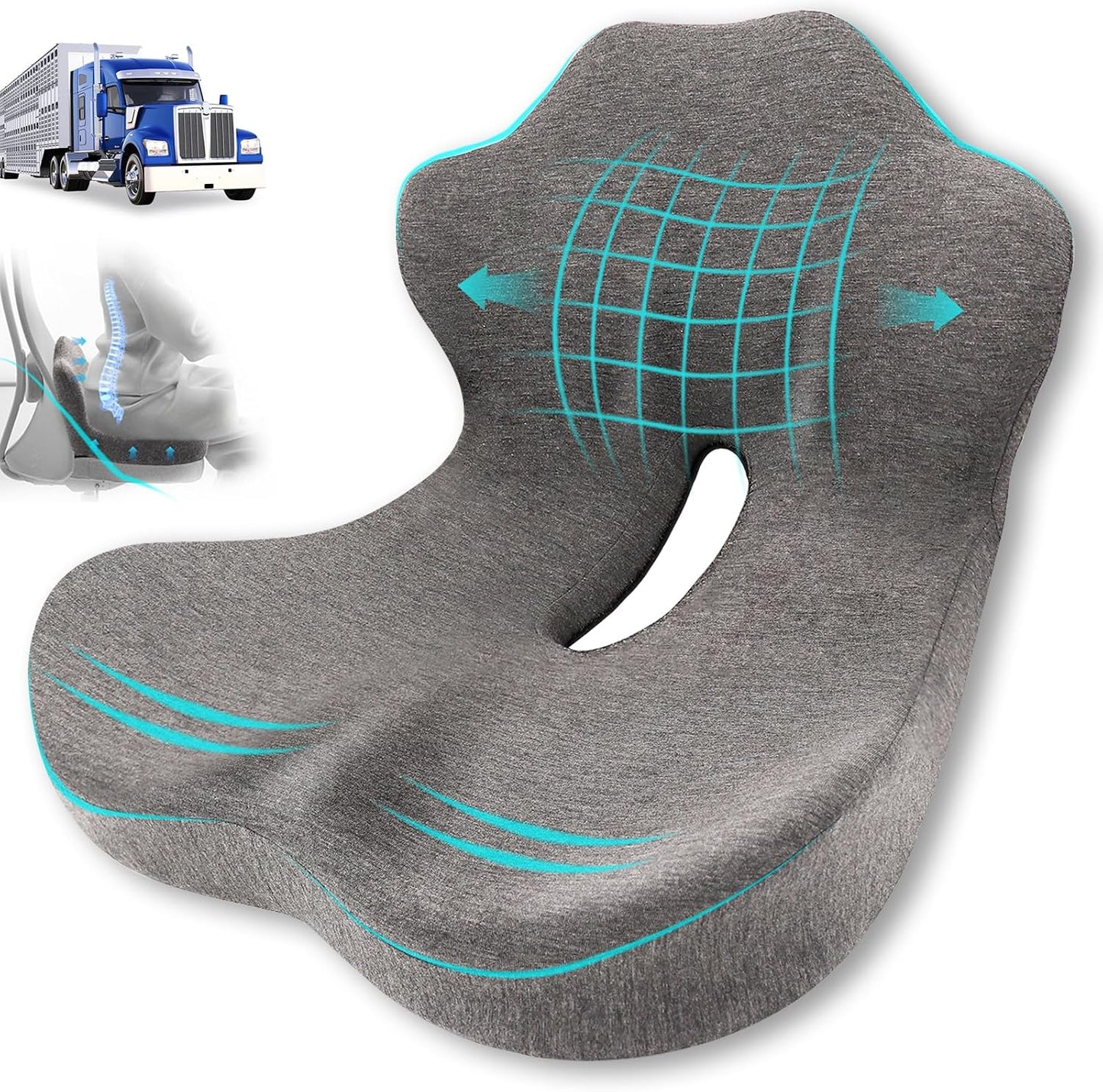 Seat Cushion, Memory Foam Truck Seat Cushion, L-Shaped Ergonomic Design Chair Cushion with Lumbar Support for Back Pressure Relief, for Long Sitting Office Worker and Truck Drivers