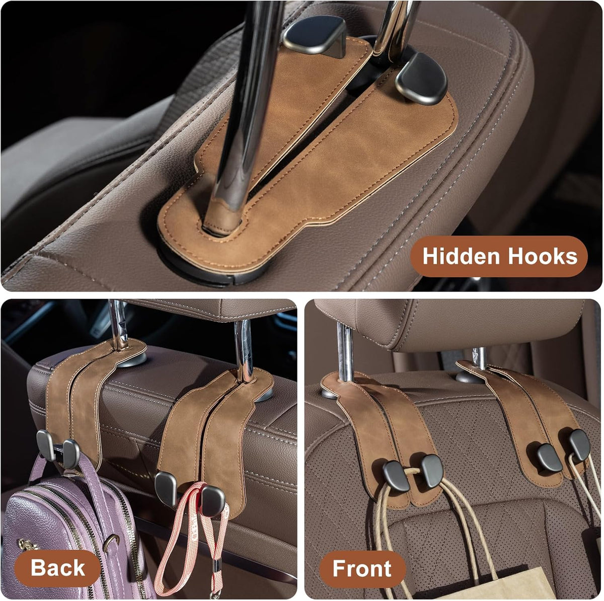 CoBak Purse Hook for Car - Universal Premium Stitched Leather and Aluminum-Magnesium Alloy Double Car Seat Back Storage Hook for Purses, Handbags, Bags (4 Pack),Brown