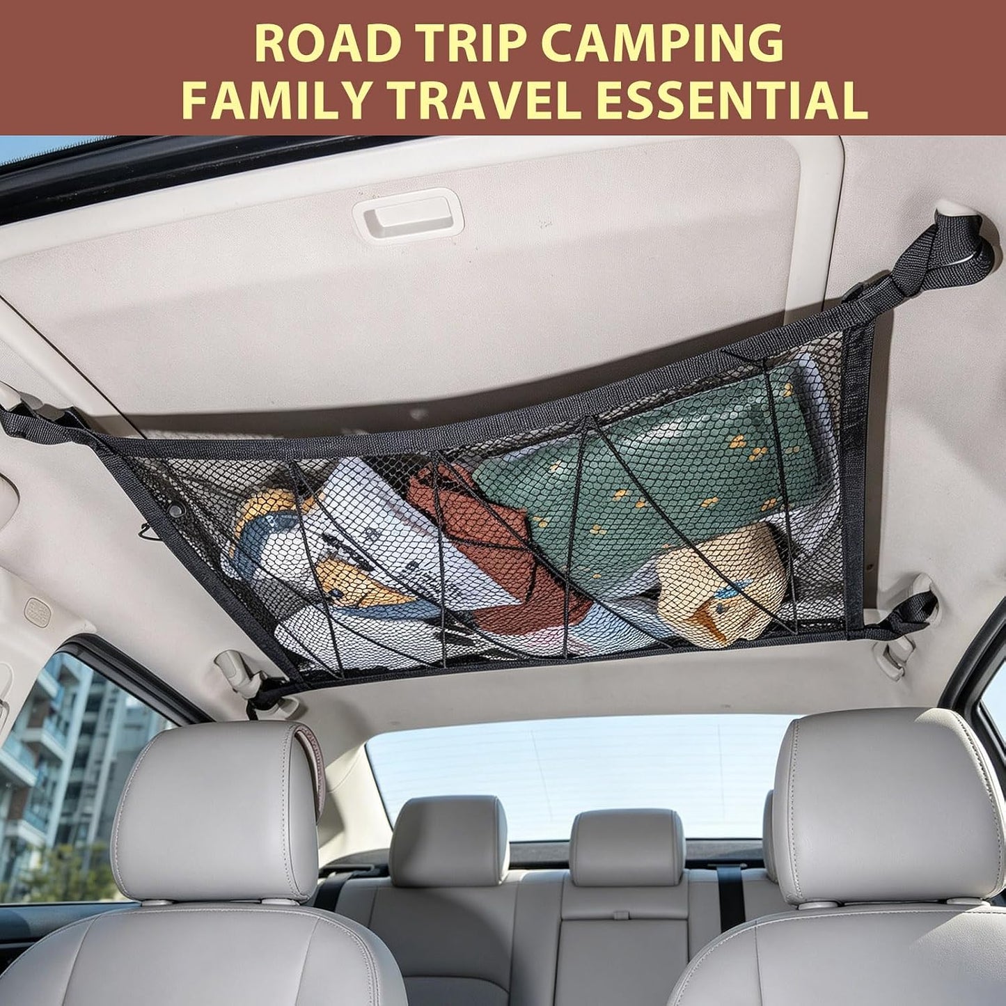 Car Ceiling Cargo Net 35.4" x 23.6", Double Layer Roof Storage Organizer for SUV,Overhead Mesh Holder with Reinforced Straps,Road Trip Essentials for Camping Travel Fits 4 Handle Vehicles