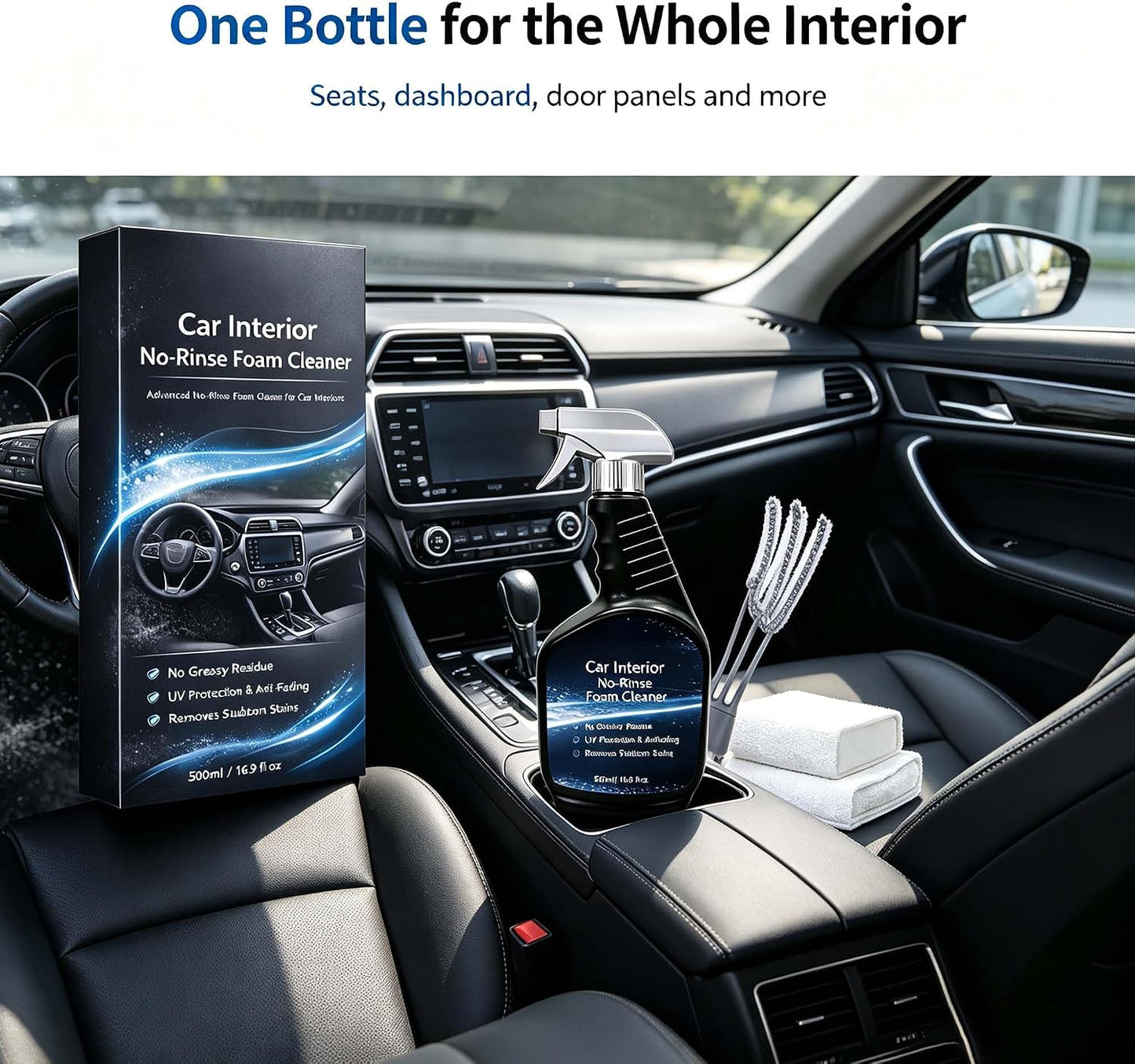 Car Interior Cleaner, 16.9oz Vehicle Interior Cleaner for Tough Stains | Multifunctional Auto Detailing Cleaner with Brush & Towel, Car Cleaner for Car Seats, Carpet, Upholstery, & Leather
