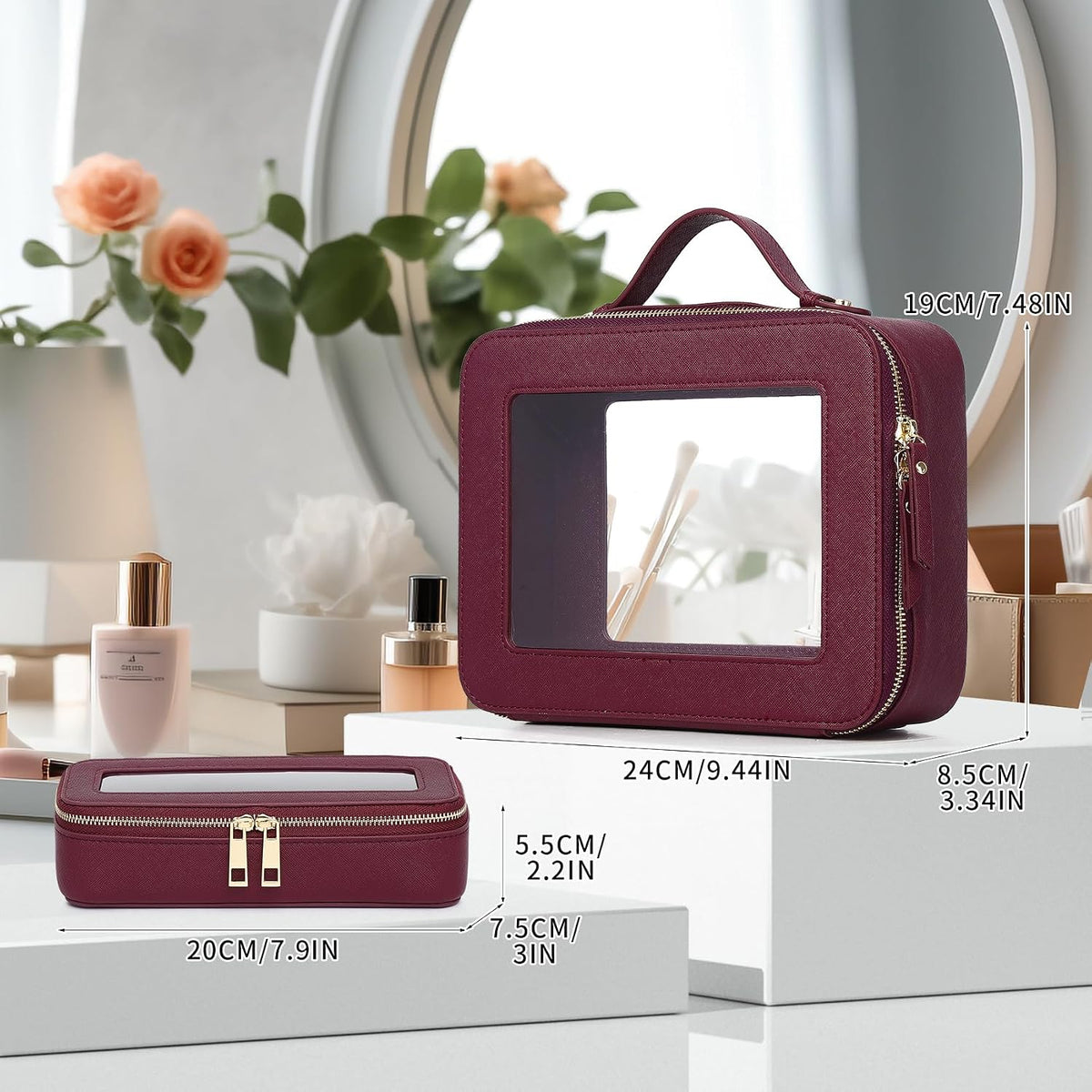 Pinkmik Clear Makeup Bag with Brush Bag, (Burgundy, L+SLIM)