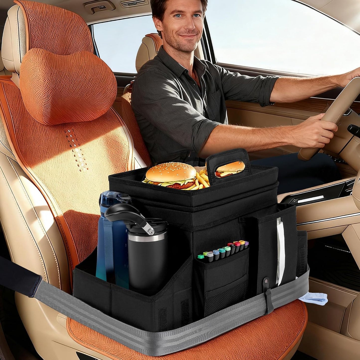 LUVHOMEE Car Organizers and Storage for Backseat & Front Seat - Collapsible Car Caddy w/Headrest Strap, Leakproof Cooler, Lid & Cup Holders | Fits Passenger Seat, Easy-Access Travel Snacks & Drinks