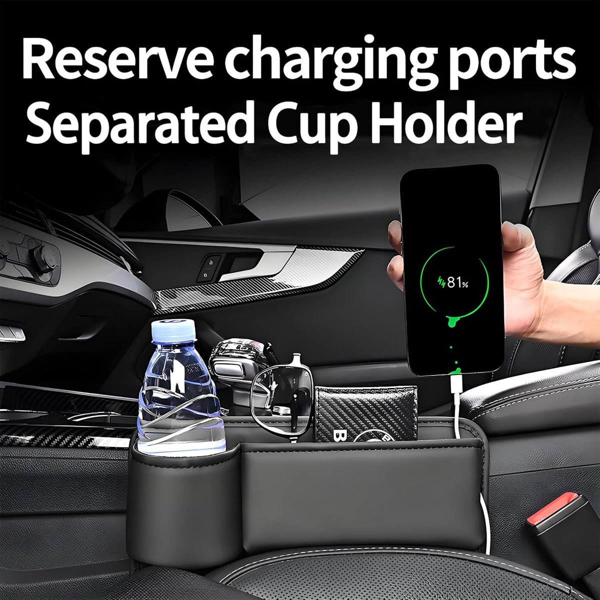 Car Seat Gap Filler Organizer, Universal Premium Leather Seat Organizer with Cup Holder, Seat Gap Storage Box with Bottle Holder, Car Gap Bag Front Center Console Seat (Driver+Passenger 2 Pack)