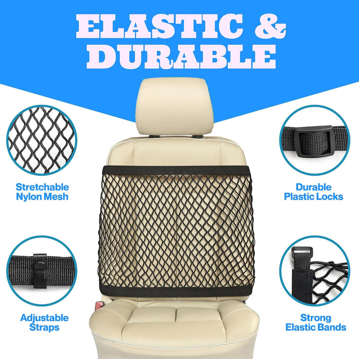 Car Seat Organizer Net and Front Seat Organizer - Elastic Net Holds Most Sizes and Shapes - Car Purse Holder