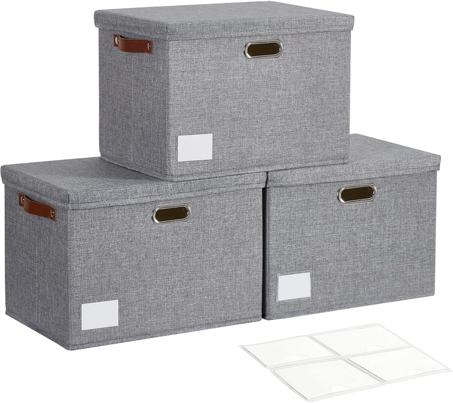 17" Large Collapsible Storage Bins with Lids, Stackable Closet Organizers with PU Handle and Labels, 3-Pack Decorative Fabric Storage Boxes for Home, Bedroom, Closet, Office, Nursery(White)