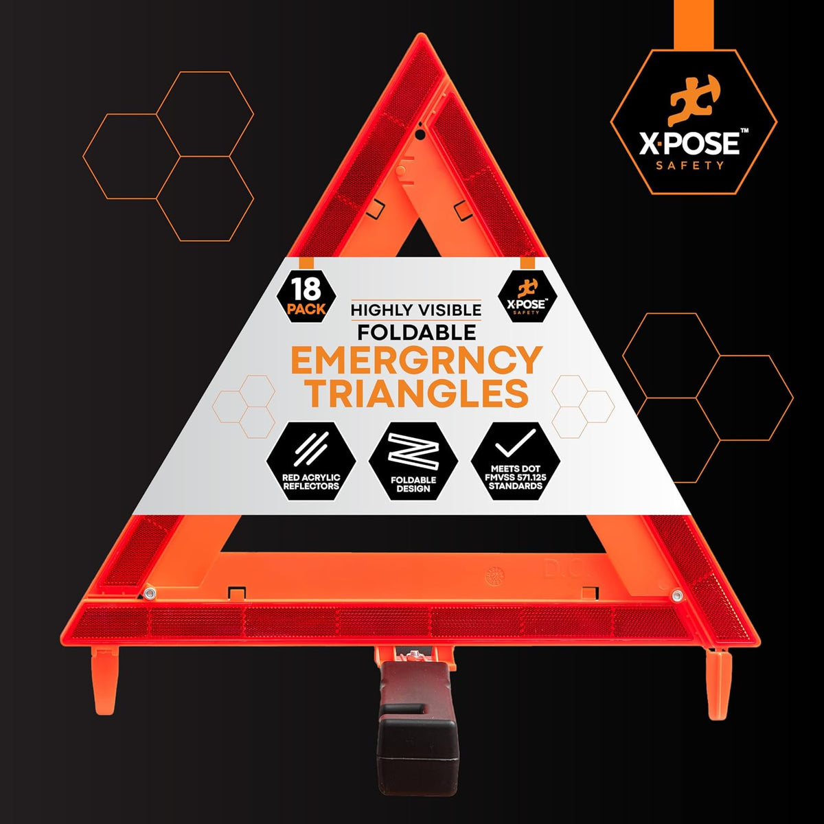 Xpose Safety Reflective Emergency Triangles – 18 Kits (54 Triangles) – DOT Approved Roadside Car Safety Warning Reflectors – Red & Orange Automotive Vehicle Hazard Visibility Markers