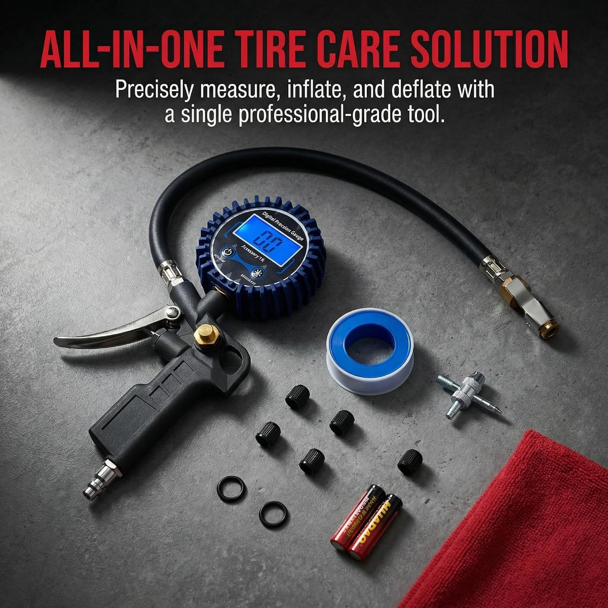 Digital Tire Pressure Gauge with Inflator 3-250 PSI, Heavy Duty Kit