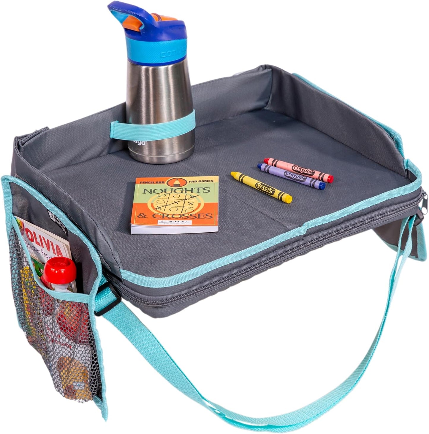 J.L. Childress 3-IN-1 Kids Travel Tray & Tablet Holder - Car Seat Lap Tray Desk for Toddlers, Road Trip Essentials, Car Seat Activity Table, Travel Accessories - Grey/Teal