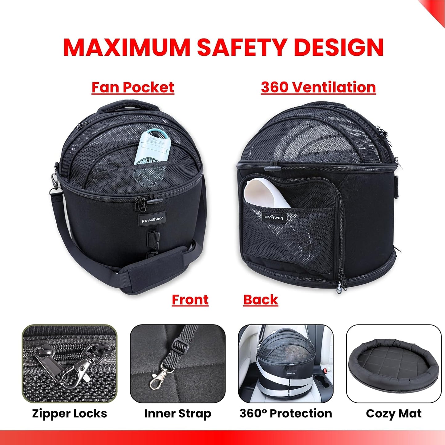 Crash-Tested 3-in-1 Portable Small Dog Car Seat, Cat Bed & Pet Carrier – CPS Certified for Crash Protection & Safe Travel (Black)