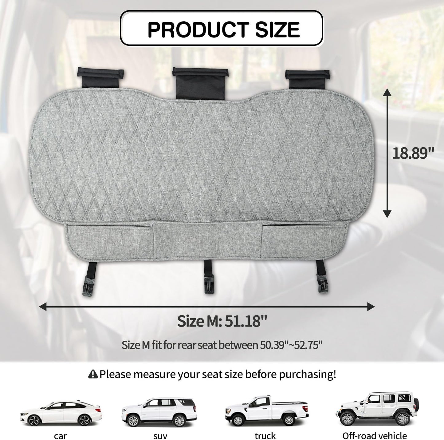 Universal Grey Anti-Slip Rear Car Seat Cover Size M - Faux Linen Bottom Bench Seat Cushion Fits Most of Vehicles Cars Truck SUV Van - Automotive Long Back Seats Protectors with Storage Pocket