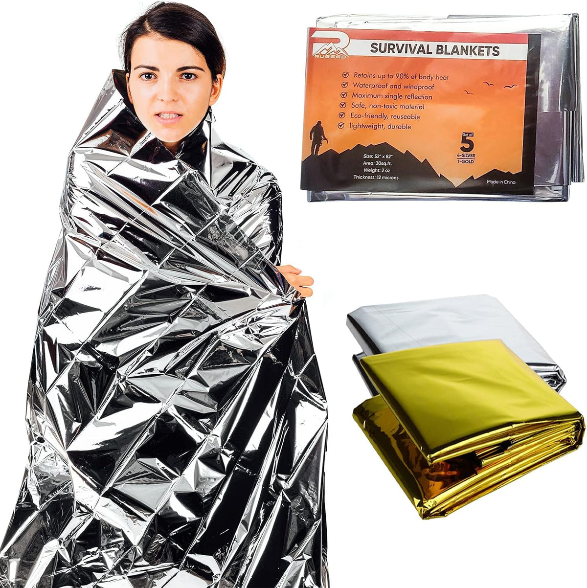 Survival Blankets - Waterproof & Windproof Emergency Cover, Reflective Exterior - Helps Retain Body Heat - 12 Microns, Compact & Lightweight - 5-Pack, 4 Silver, 1 Gold - 52x82”, 2oz
