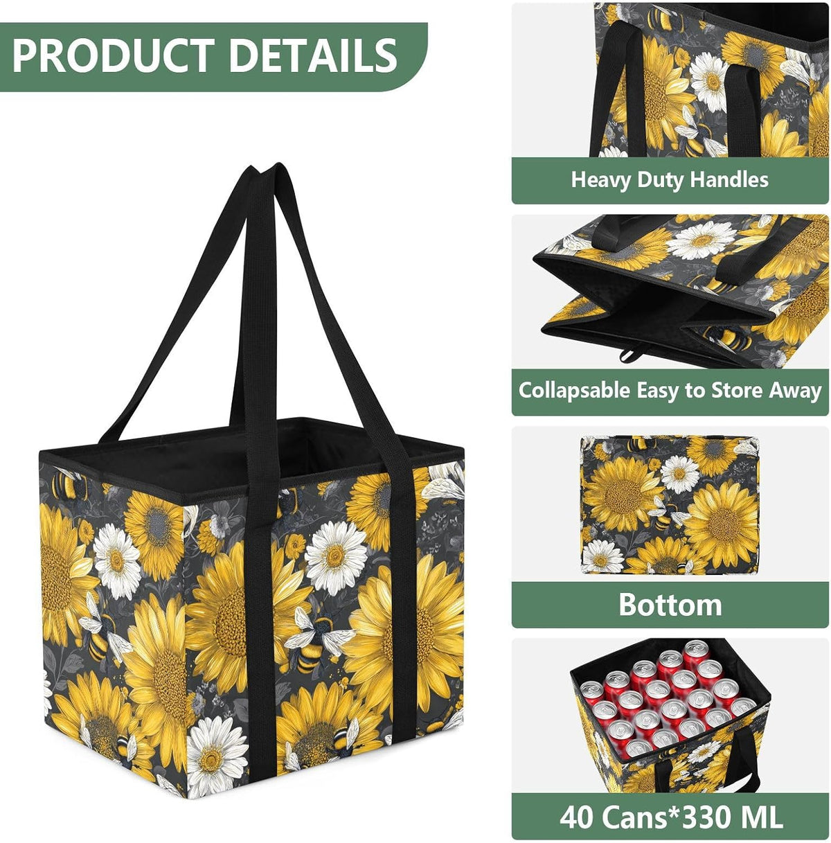 Trunk Organizer Collapsible Car Organizer with Handle Car Storage Box Bin for Groceries SUV Utility Tote Bag Portable Vehicle Container Black Retro Bee and Yellow Sunflower