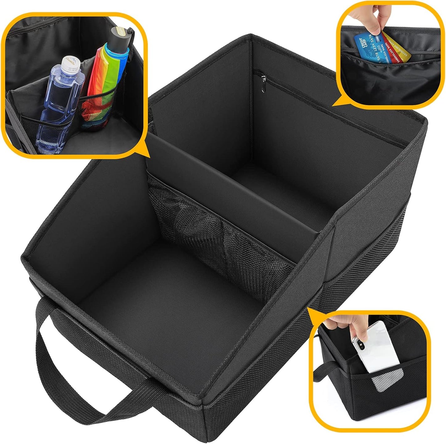 Car Organizer - Automotive Organizer for Front And Back Seat or Floor, Car Caddy Organizer with Divide, Handles and Multiple Mesh Pockets