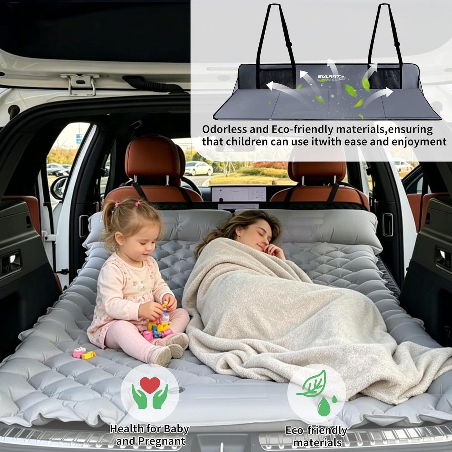 EULANT Car Rear Seat Mattress Extension Plate,Portable Air Mattress for Sleeping,Folding Rear Back Seat Extender,Increase Travel Trunk Space & Car Bed Camping Space for SUV/Cars/Model Y/3