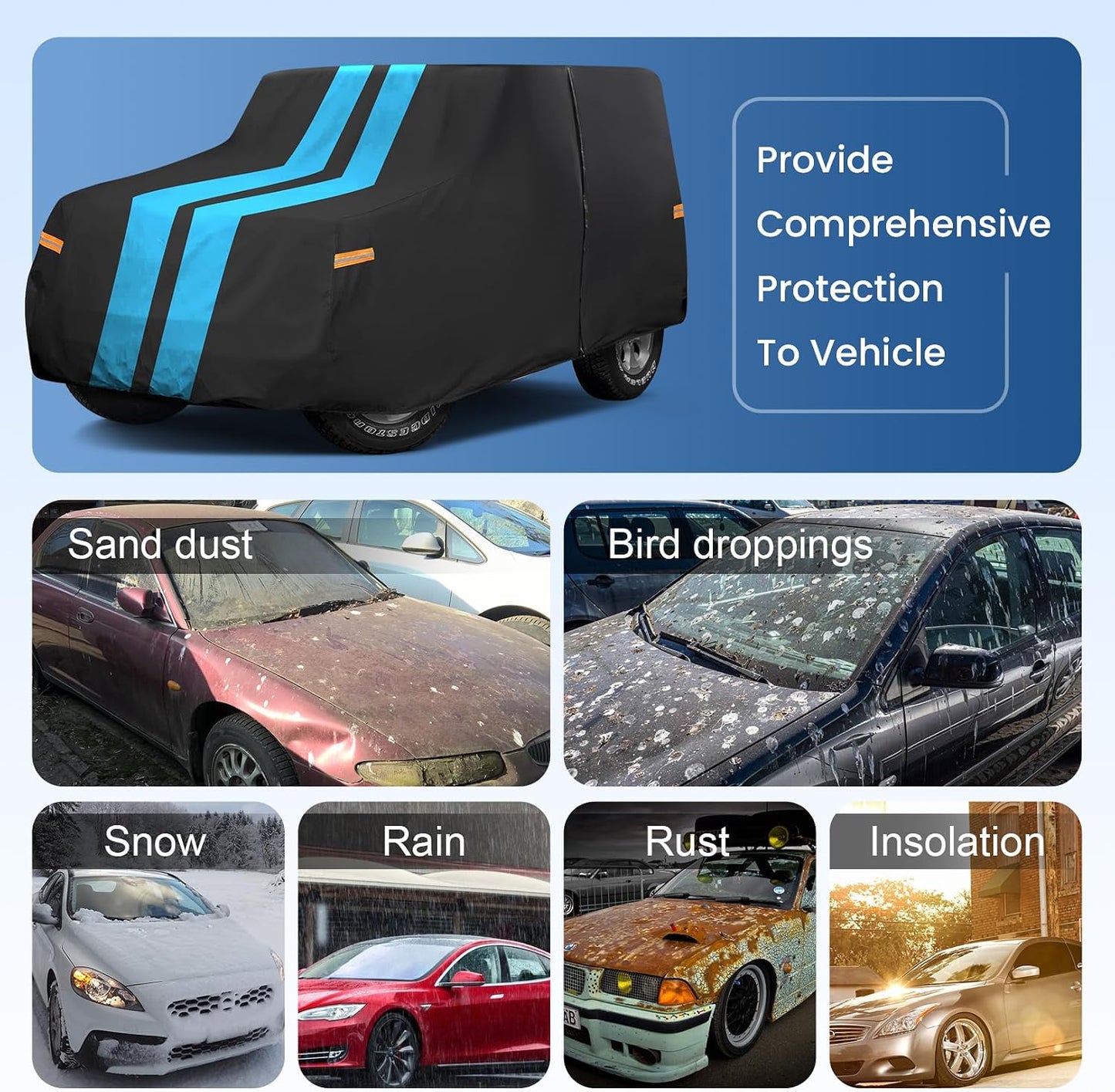 Sailnovo Car Cover Jeep Cover Waterproof 4 Door Fit for Jeep Wrangler 4 Doors 2006-2023 JK JL All Weather Sun Rain Snow Wind Hail Protection Outdoor with Door Zipper, Cotton Lining, Reflective Strip