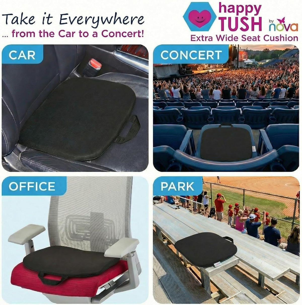 NOVA Happy Tush Extra Wide Gel Cell Seat Cushion, Double-Layer Pressure-Relief Gel, Foldable & Portable, Water-Resistant, Washable Non-Slip Cover, Home, Office & Travel