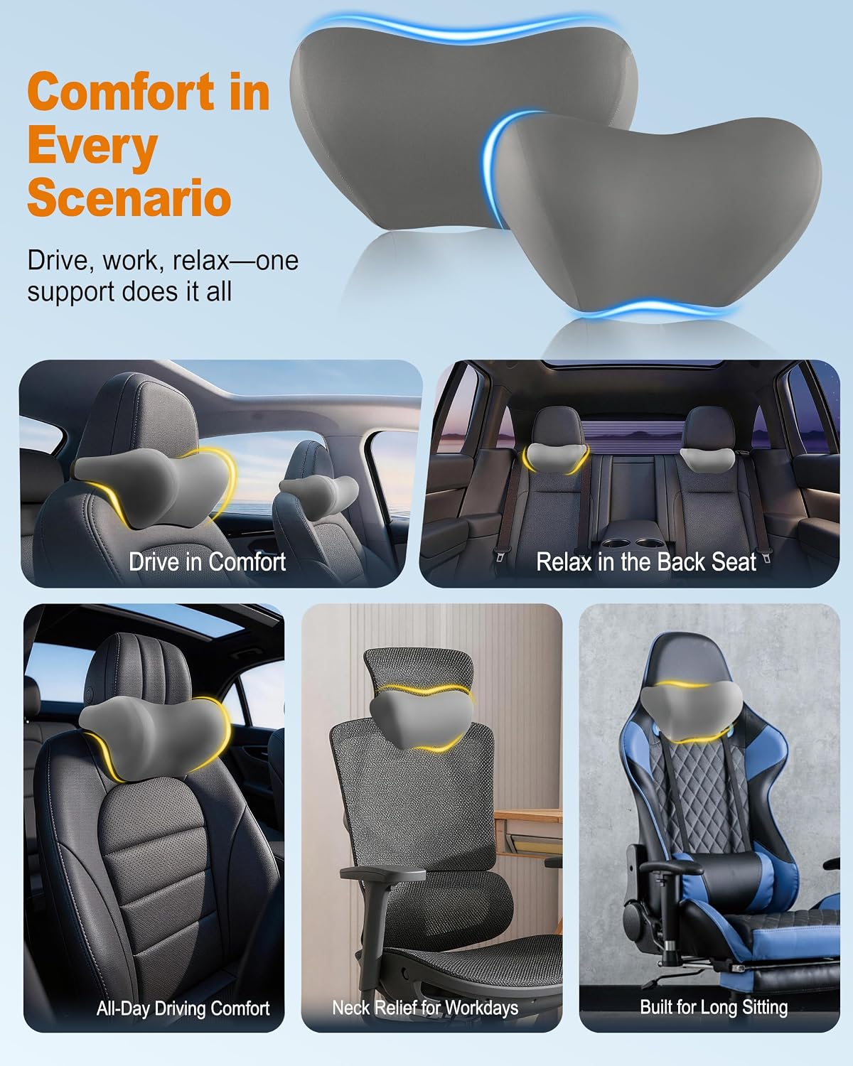 Allaboutsla 2-Pack Car Neck Pillow, Car Headrest Pillow for Neck Support | Memory Foam Car Neck Pillow for Driving with Neck Support, Adjustable Strap, Head Rest Pillow for Long Drives, Trucks, Gray
