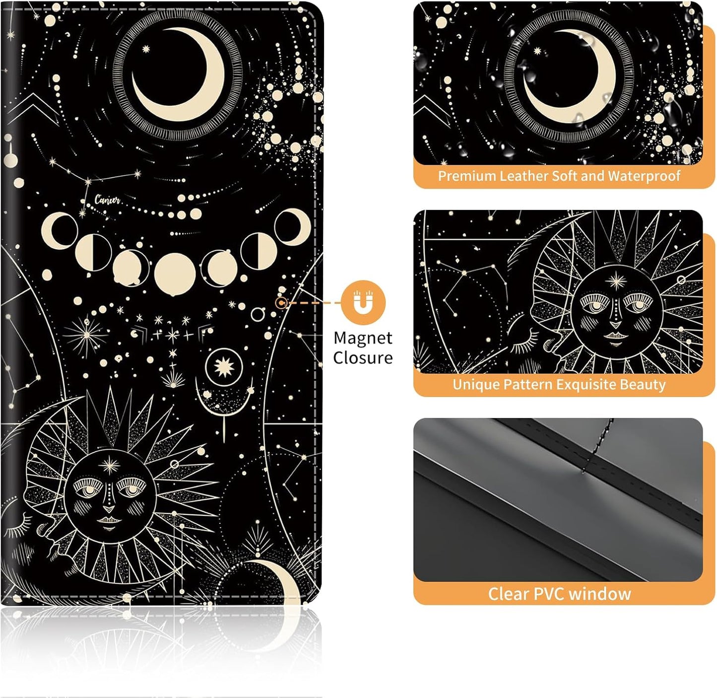 Premium Leather Car Registration and Insurance Card Holder with Magnetic Shut, Cute Vehicle License Document Glove Box Compartment Organizer Cool Car Accessories Black Gold Celestial