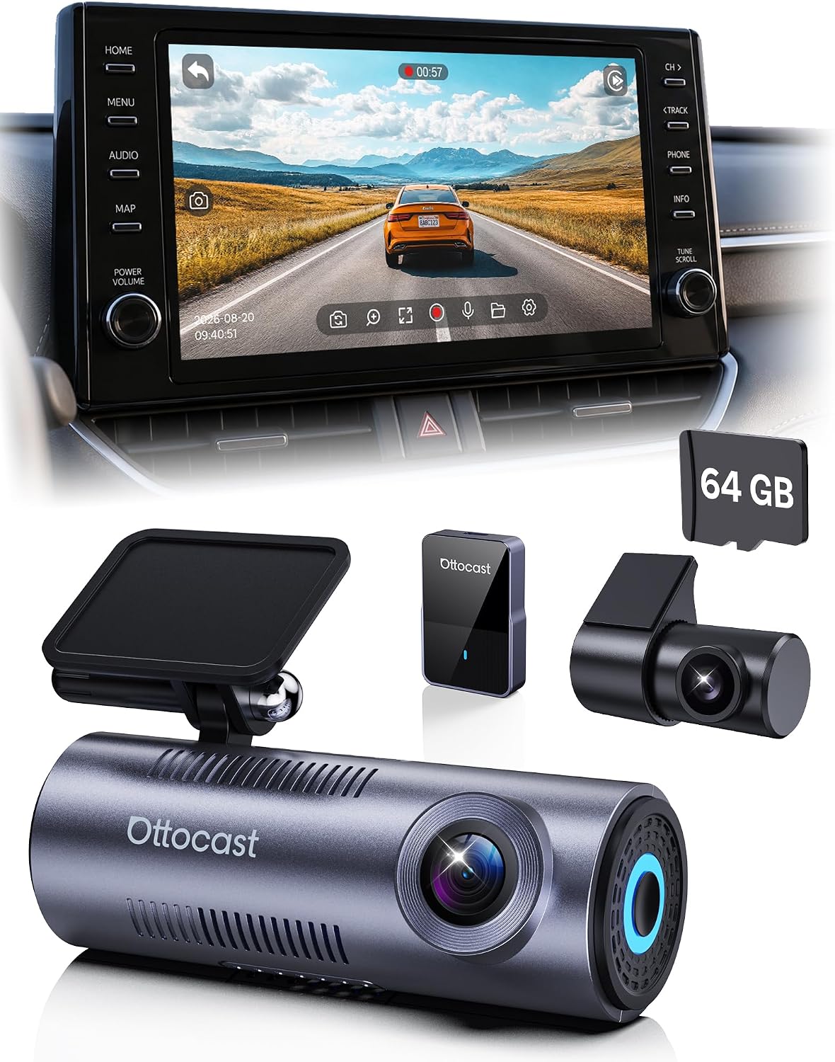 OTTOCAST OttoSafe Dash Cam Front and Rear with Wireless CarPlay Adapter