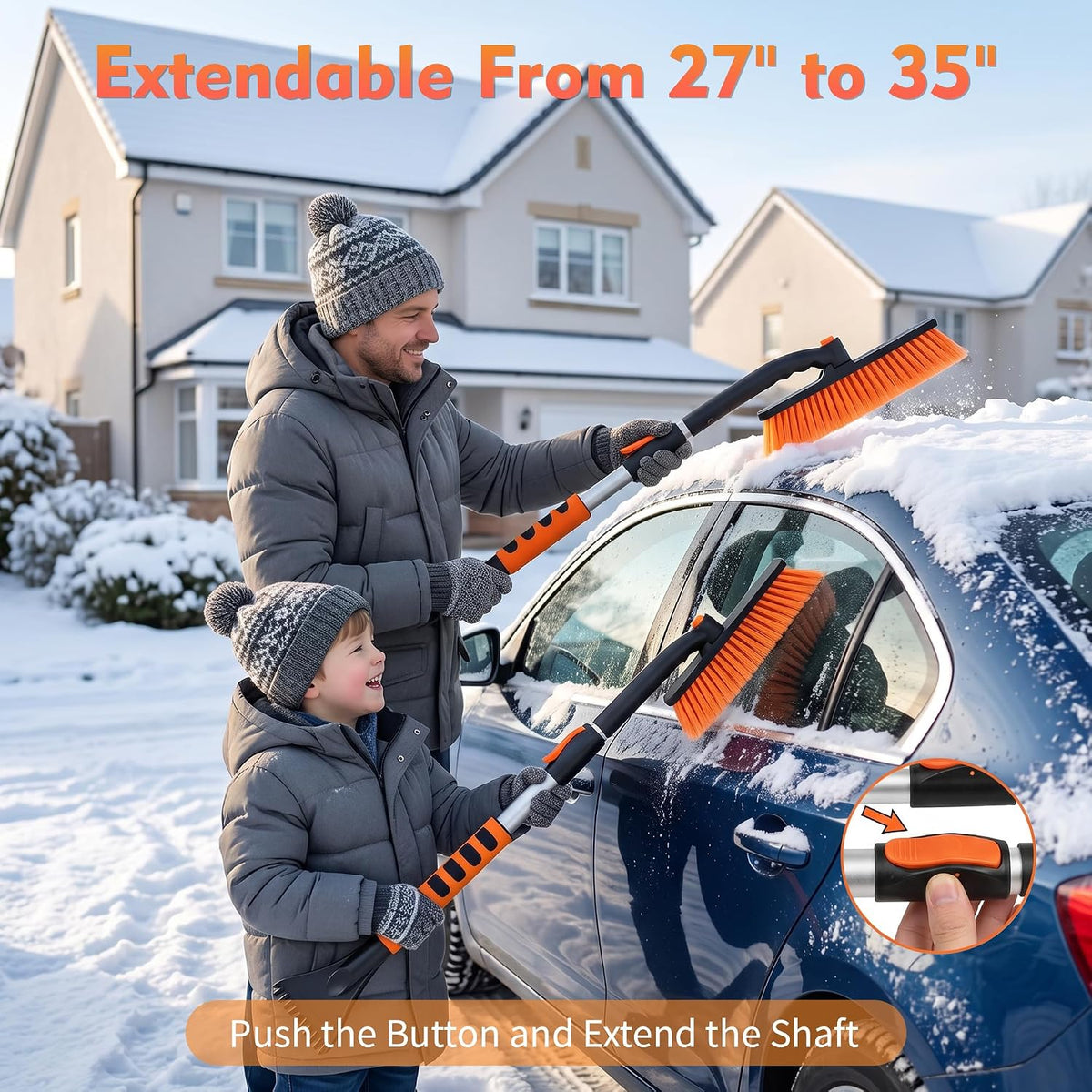 35" Extendable Snow Brush and Ice Scraper for Car Windshield,Detachable Snow Removal Tool with Ergonomic Foam Grip for Cars, Trucks, SUVs (Heavy Duty ABS, PVC Brush, Orange)